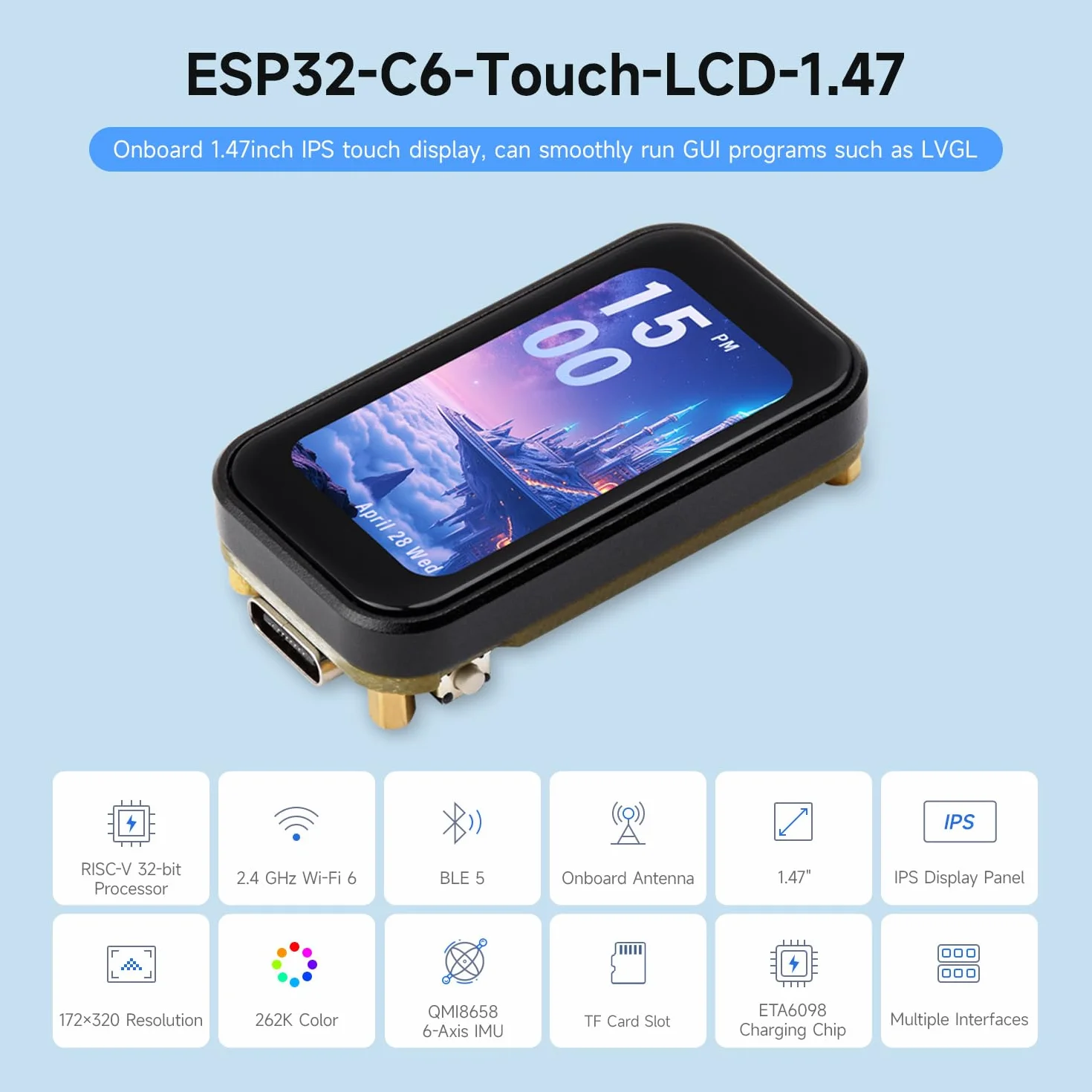 Waveshare ESP32-C6 1.47inch Touch Display Development Board(without pinheader), 172x320 Resolution, 262K Display Color, Supports Wi-Fi 6 / BLE 5, 160MHz RISC-V Processor