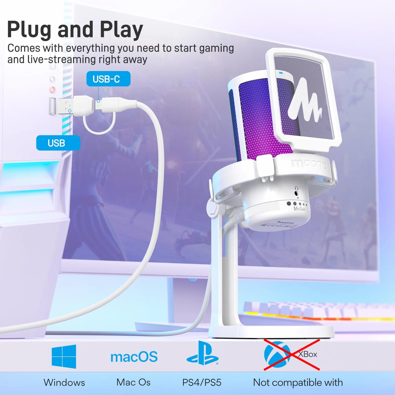 MAONO Mikrofon USB do gier, redukcja szumów, mikrofon kondensatorowy z wyciszeniem, wzmocnieniem, monitorowaniem, filtrem pop do streamingu, podcastów, Twitch, YouTube, Discord, PC, komputera, PS4 i 5