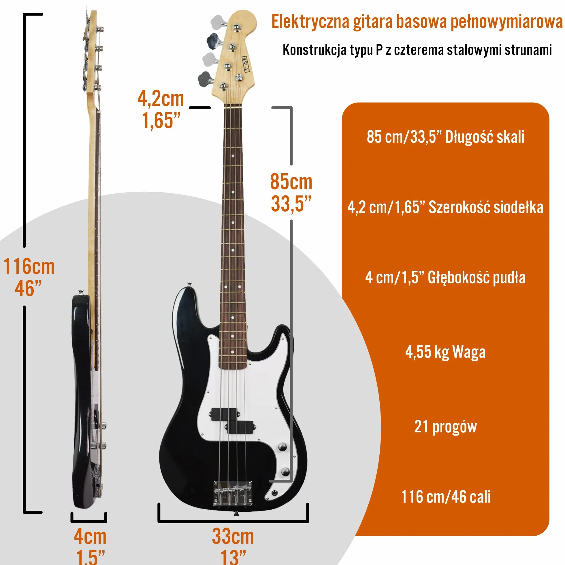 3rd Avenue Zestaw pełnowymiarowej (4/4) gitary basowej dla początkujących, ze wzmacniaczem 15-watowym, futerałem, przewodem, paskiem, stojakiem i zapasowymi strunami – w kolorze czarnym