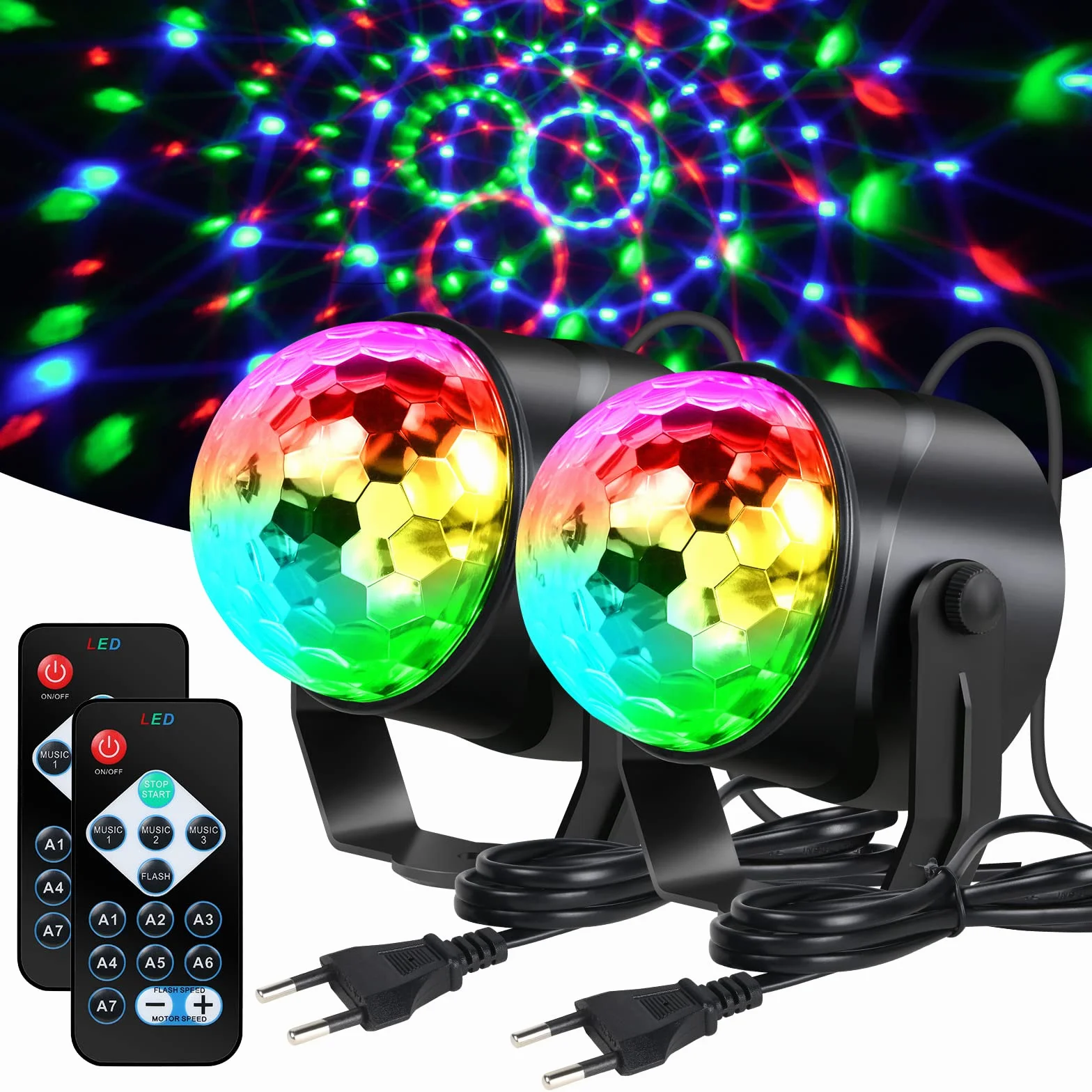 URAQT Disco Lights, 360 ° Aktywowane Dźwiękiem Oświetlenie Imprezowe, 7-Kolorowe Oświetlenie Sceniczne LED z Pilotem do Spotkań Rodzinnych, Przyjęcia Urodzinowego, Tańca, Karaoke, KTV (2 Szt)