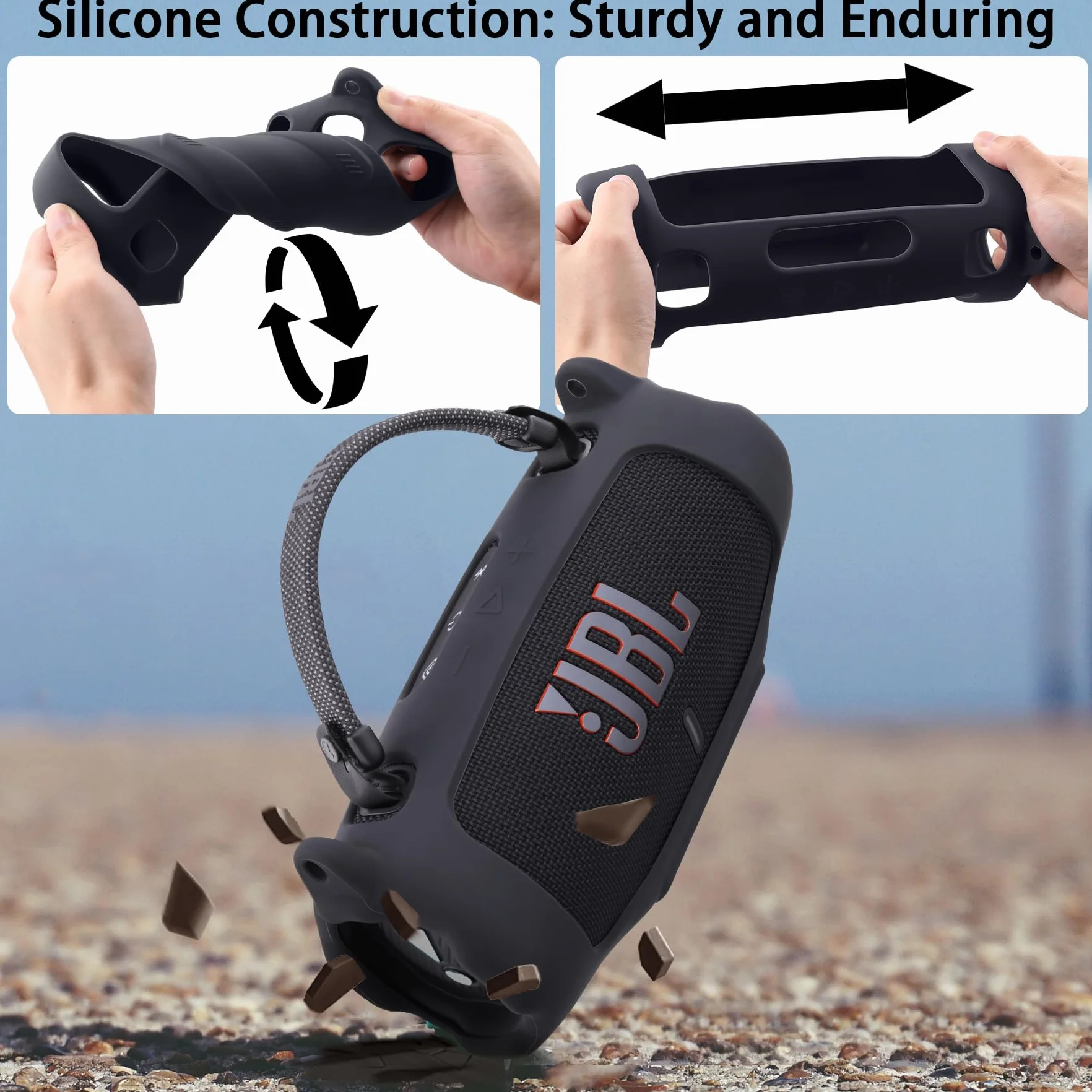 Khanka Silikonowe Etui Ochronne do JBL Charge 6 ze Zdejmowanym Paskiem na Ramię i Hakiem Użytkowym, Elastyczne Miękkie Pokrowiec do Przenośnego Głośnika Bluetooth (Czarne)