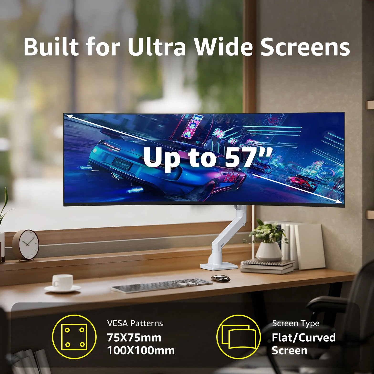 BEWISER Wytrzymałe ramię monitora, ultrawide mocowanie monitora do ekranów 86–124.5 cm i nowych 145 cm, nośność do 20 kg, obrotowe ramię monitora o pełnej wysokości ruchu (białe)