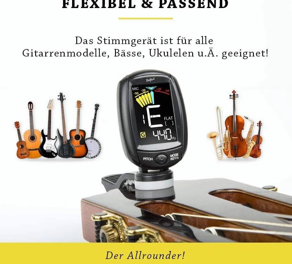 Belfort kompaktowy tuner z klipsem uniwersalny do gitary, ukulele, skrzypiec, basu