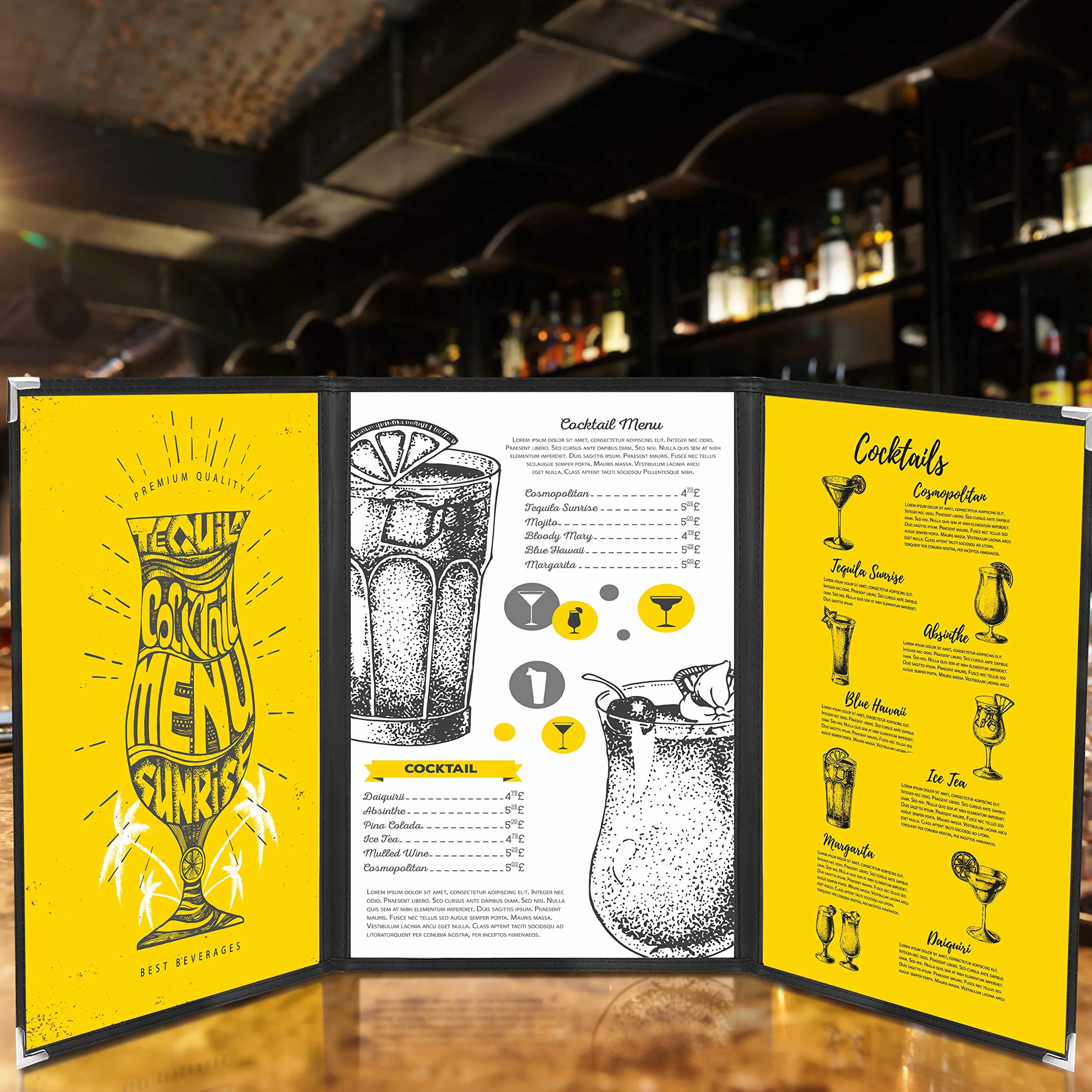Kurtzy Potrójnie Składane Okładki na Menu A4 (5 Sztuk) - Dwustronne Okładki na Menu w Amerykańskim Stylu - Czarne Okładki na Menu z Ochroną Narożników - Do Restauracji, Barów i Kawiarni