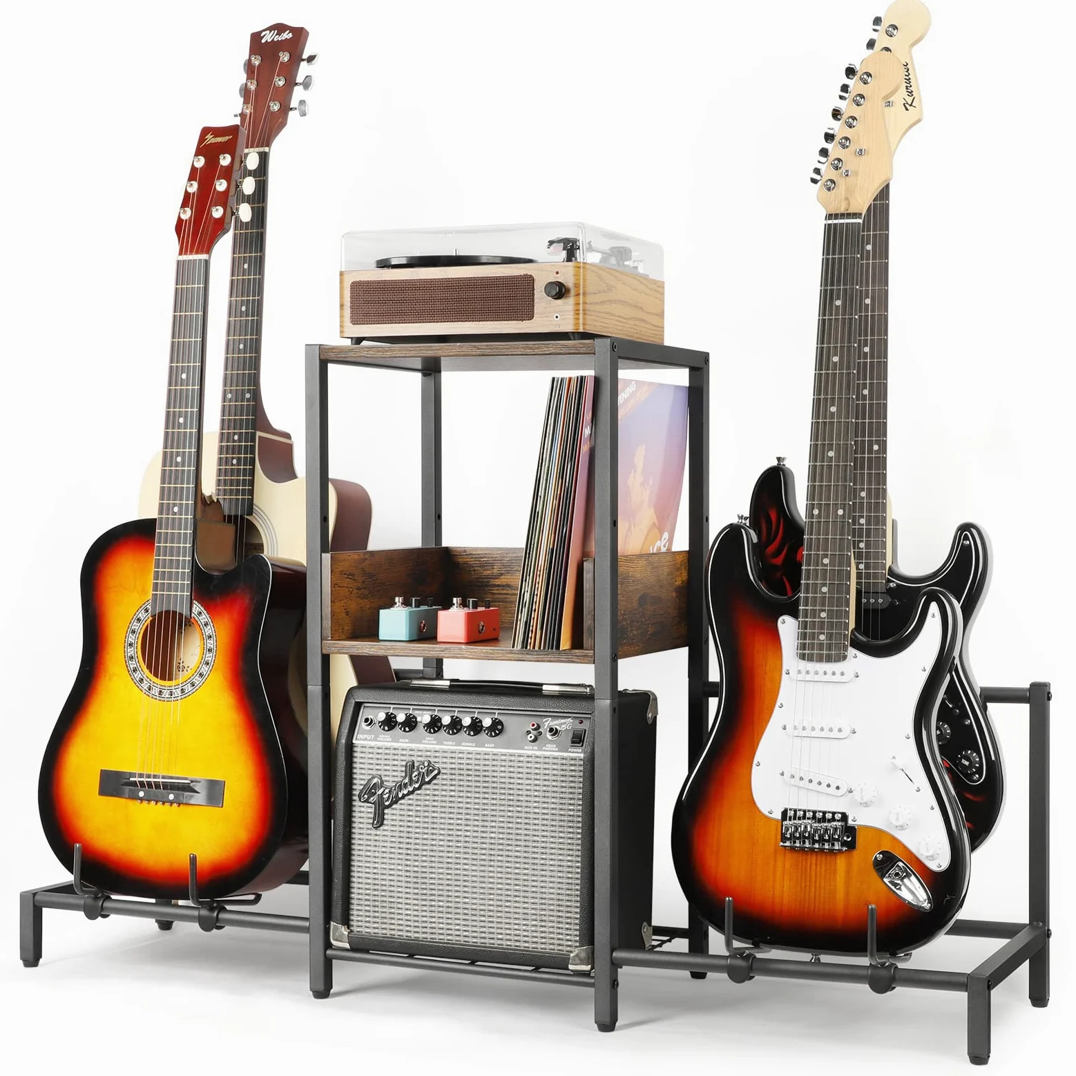 Stojak na Gitarę 4-poziomowy dla Akustycznej, Elektrycznej Gitary, Basu, Gitarowego Uchwytu na Podłogę Regulowaną dla Wielu Gitar, Akcesoriów Gitarowych, Wyświetlacza Gitar