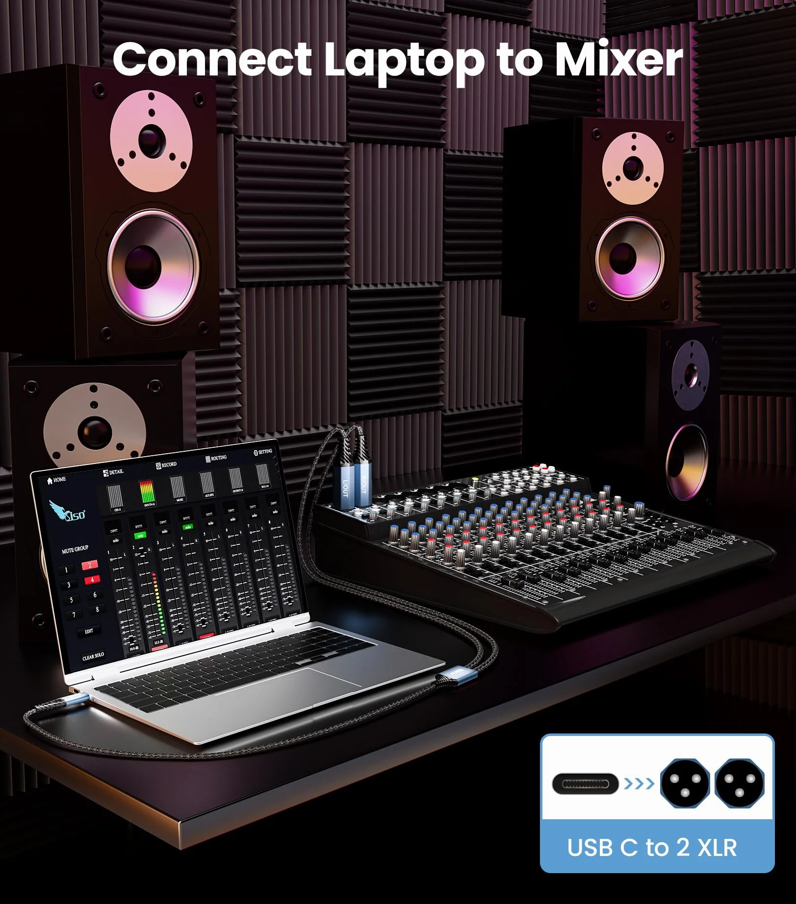 Tisino Kabel USB C na Dual XLR Male Audio, kabel XLR do USB C Stereo Power Amplifier do podłączenia telefonu do aktywnych głośników, miksera (2 m)