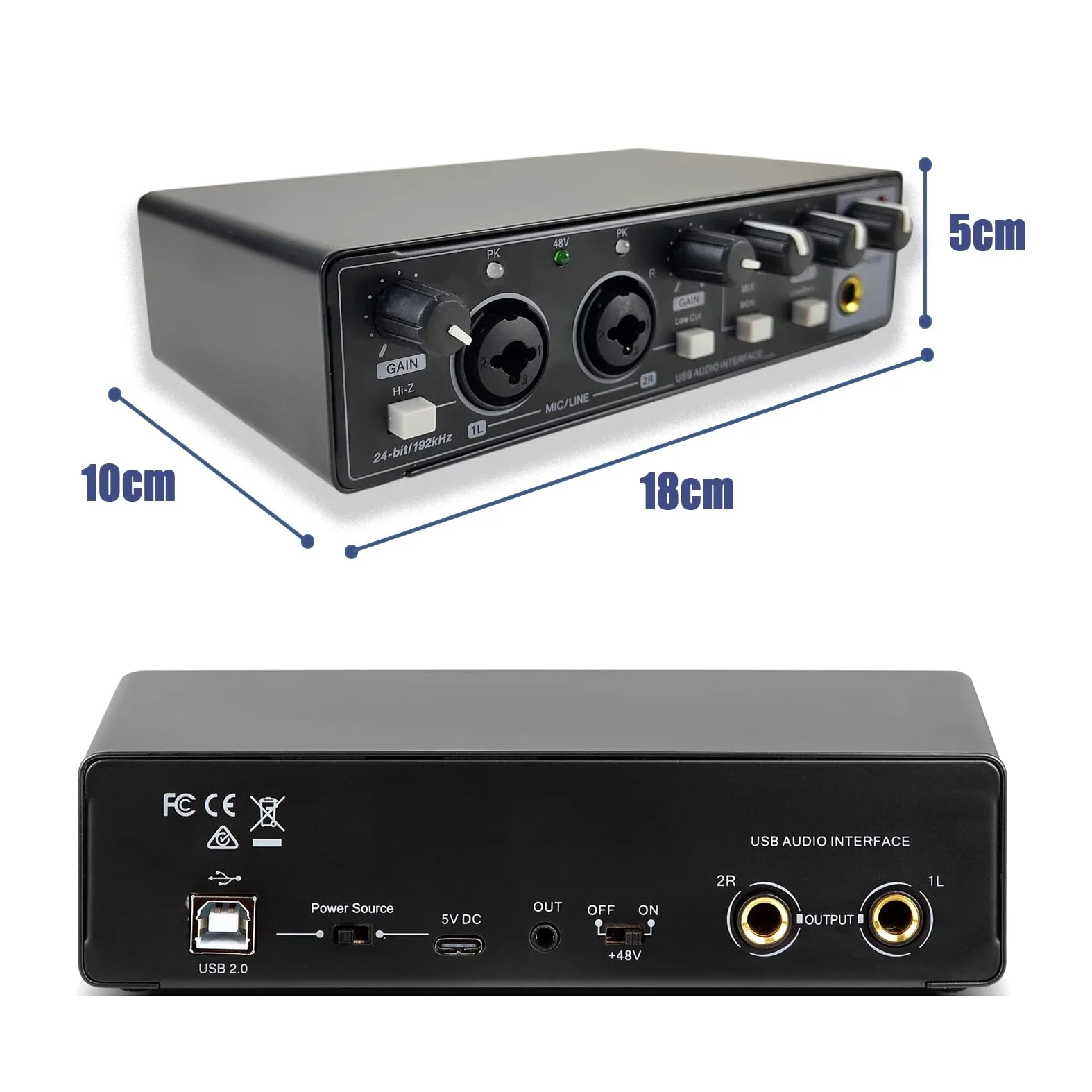 Mikser dźwięku, Karta dźwiękowa do nagrań Sprzęt dźwiękowy do studia Interfejs USB do nagrywania z monitorowaniem sprzężenia zwrotnego 48V(Nero)