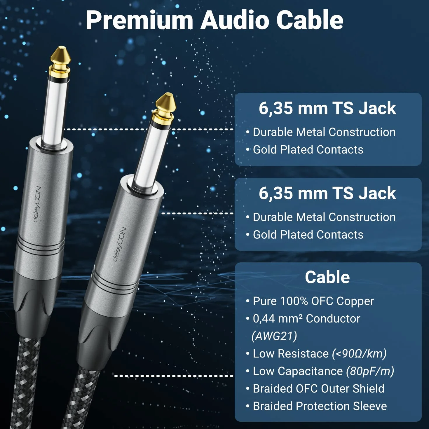 deleyCON 3,0m Kabel Instrumentalny 6,35mm Klinke Mono OFC AWG24 do Gitary Basu Wzmacniacza