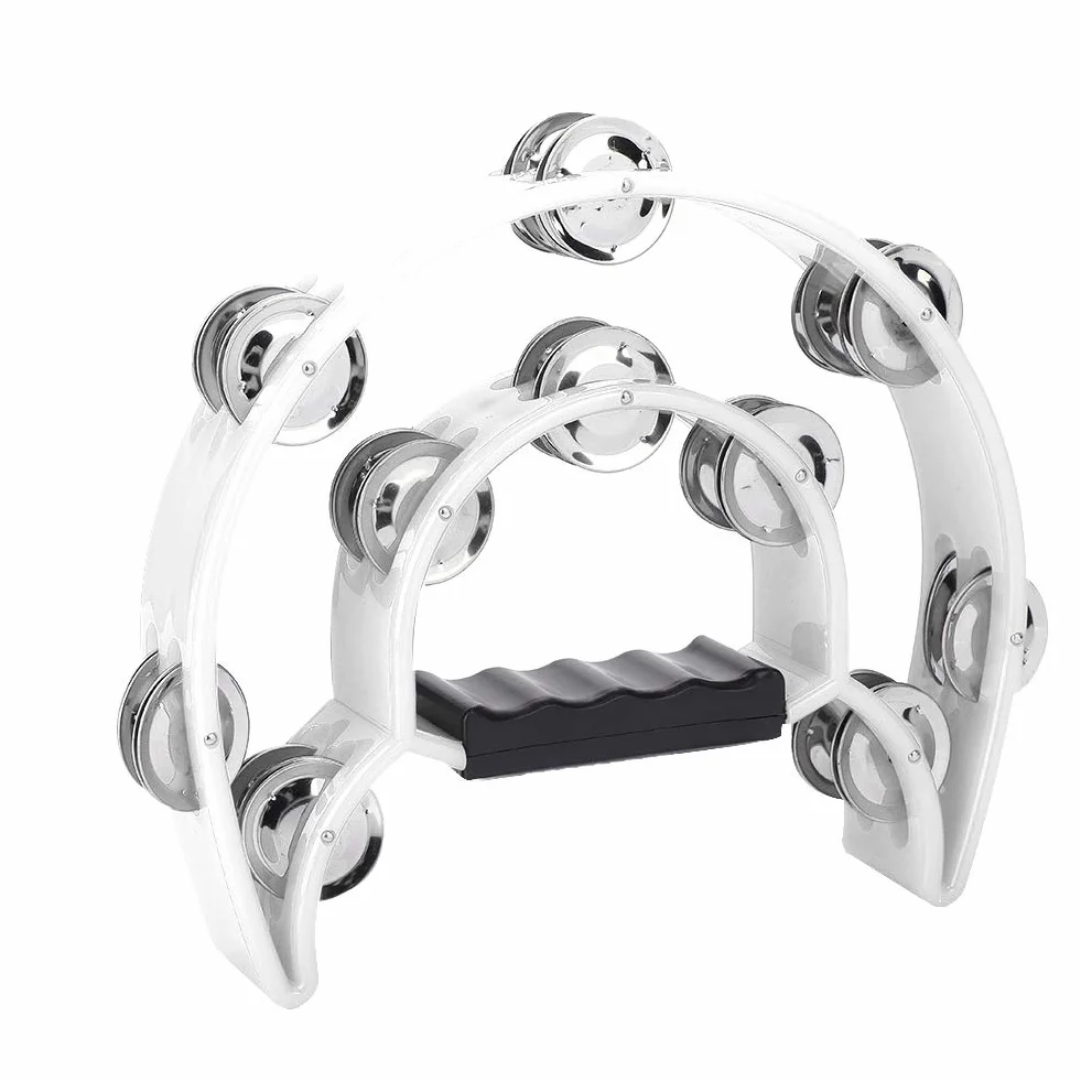Dwurzędowy Ręczny Tamburyn, Metalowe Dżingle Half Moon Ręczny Muzyczny Bęben Perkusyjny z Ergonomicznym Uchwytem (WHITE)