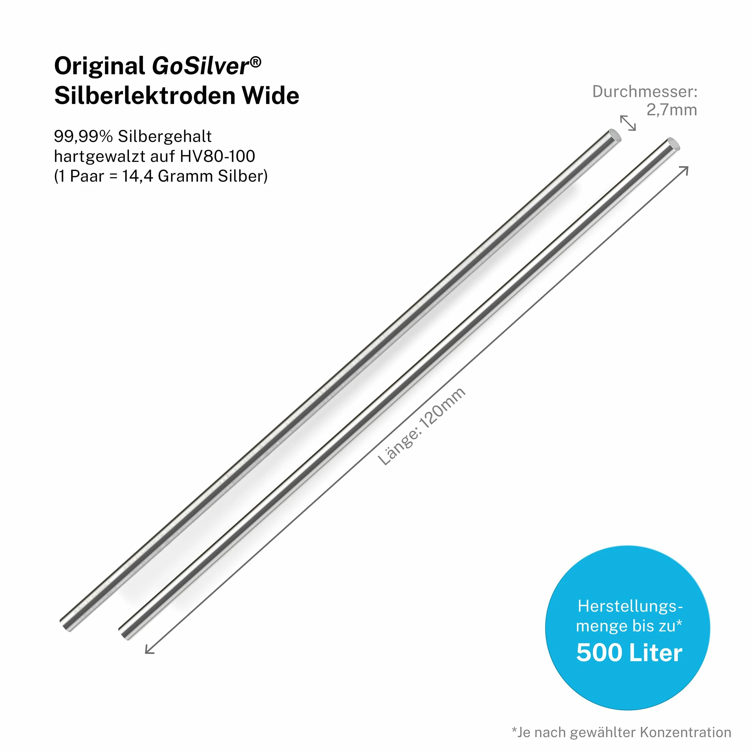 Srebrne elektrody Wide 1 para 2,7 mm x 120 mm do goSilver Plus