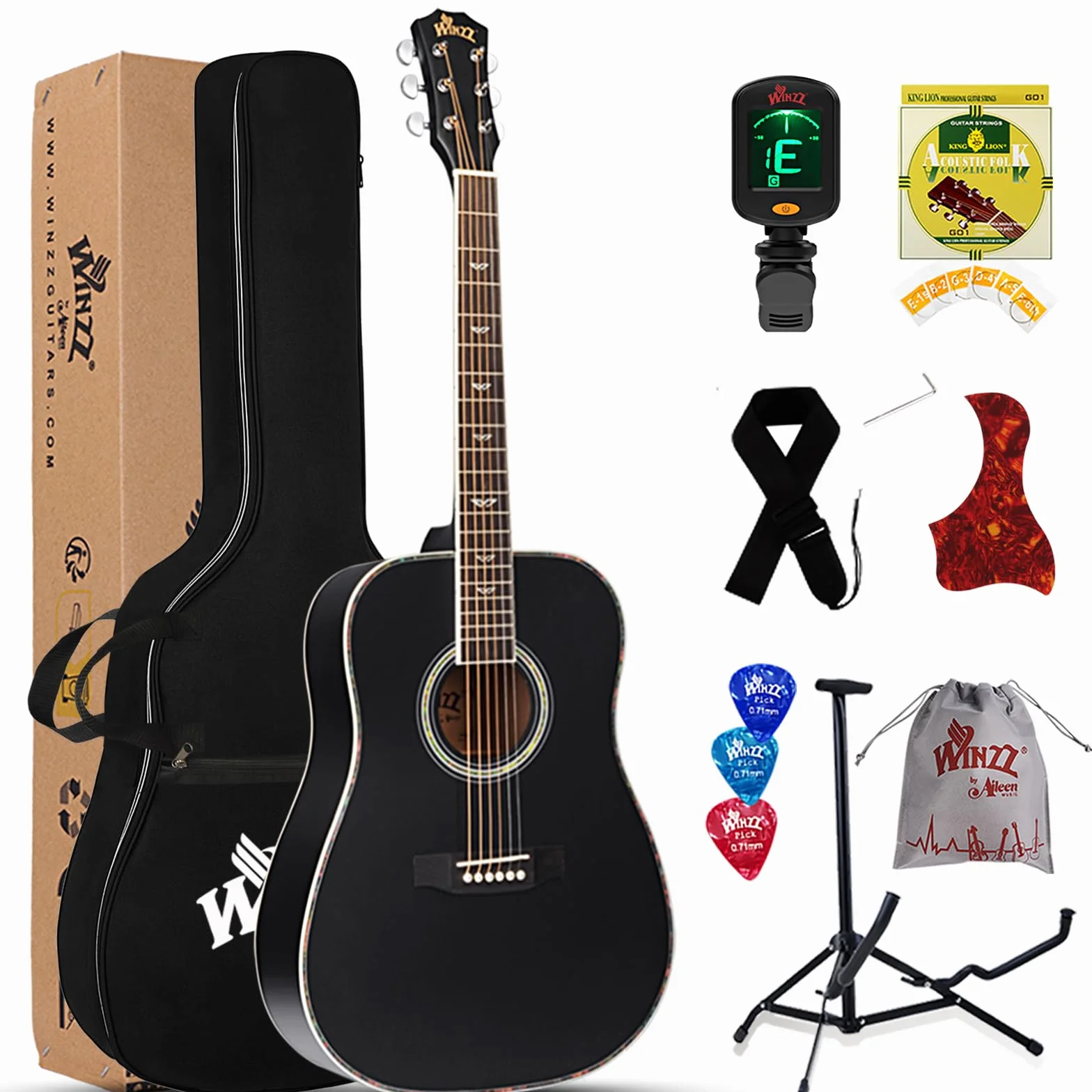 Winzz Czarna gitara akustyczna 4/4, dla początkujących, 41 cali z walizką gitarową, strojem, paskiem, kostkami, dodatkową struną i stojakiem na gitarę