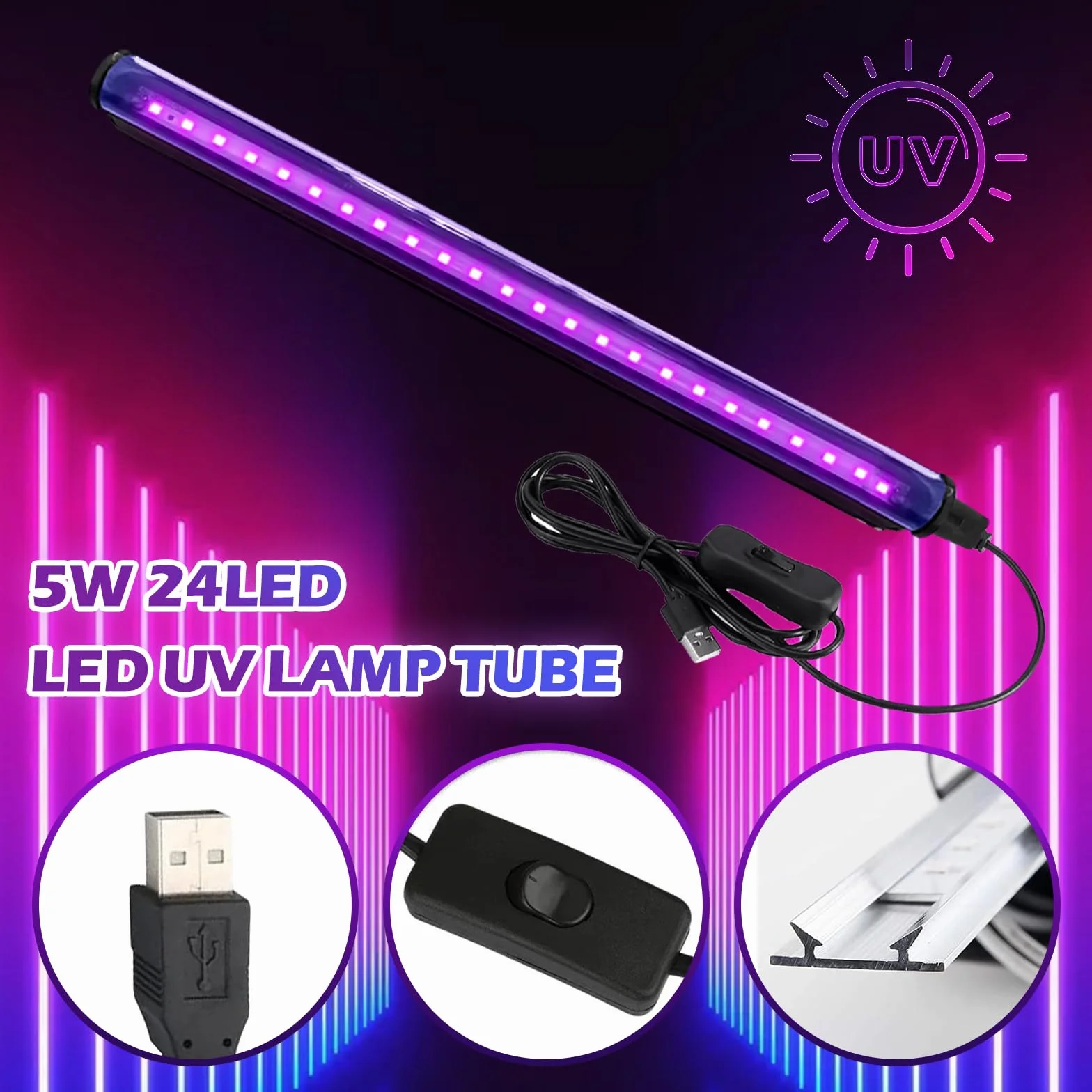 Rurka z czarnym światłem, 3 sztuki lamp LED 5 W, 24 LED 28 cm, taśma UV z przełącznikiem, USB LED, oświetlenie imprezowe, oświetlenie sceniczne, malowanie ciała, akcesoria