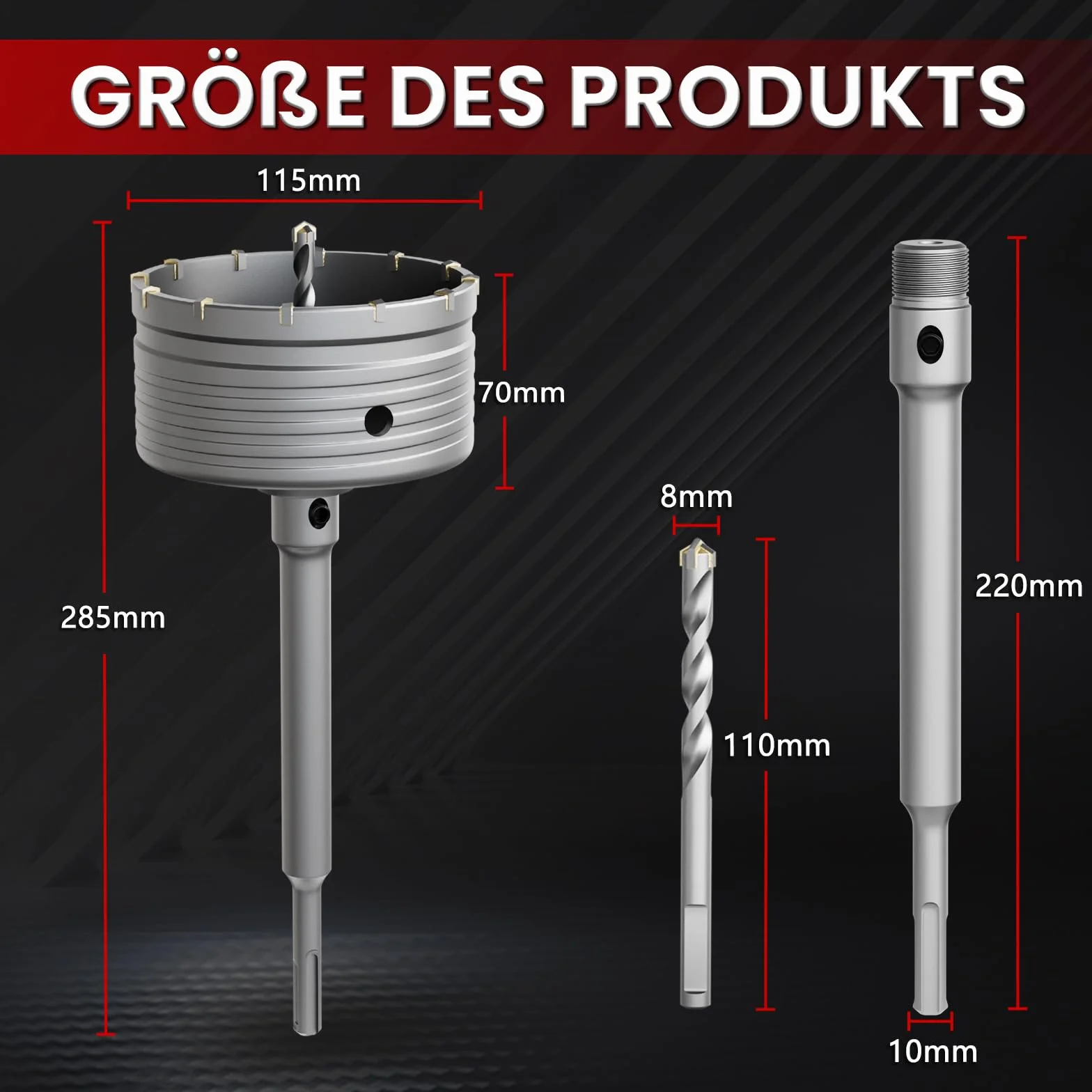 CSOOM Otwornica do betonu 115 mm z przedłużeniem SDS-Plus 220 mm, zestaw otwornic do betonu, 4 x wiertło centrujące 8 x 110 mm, końcówka z twardego metalu, 2 x wiertło centrujące