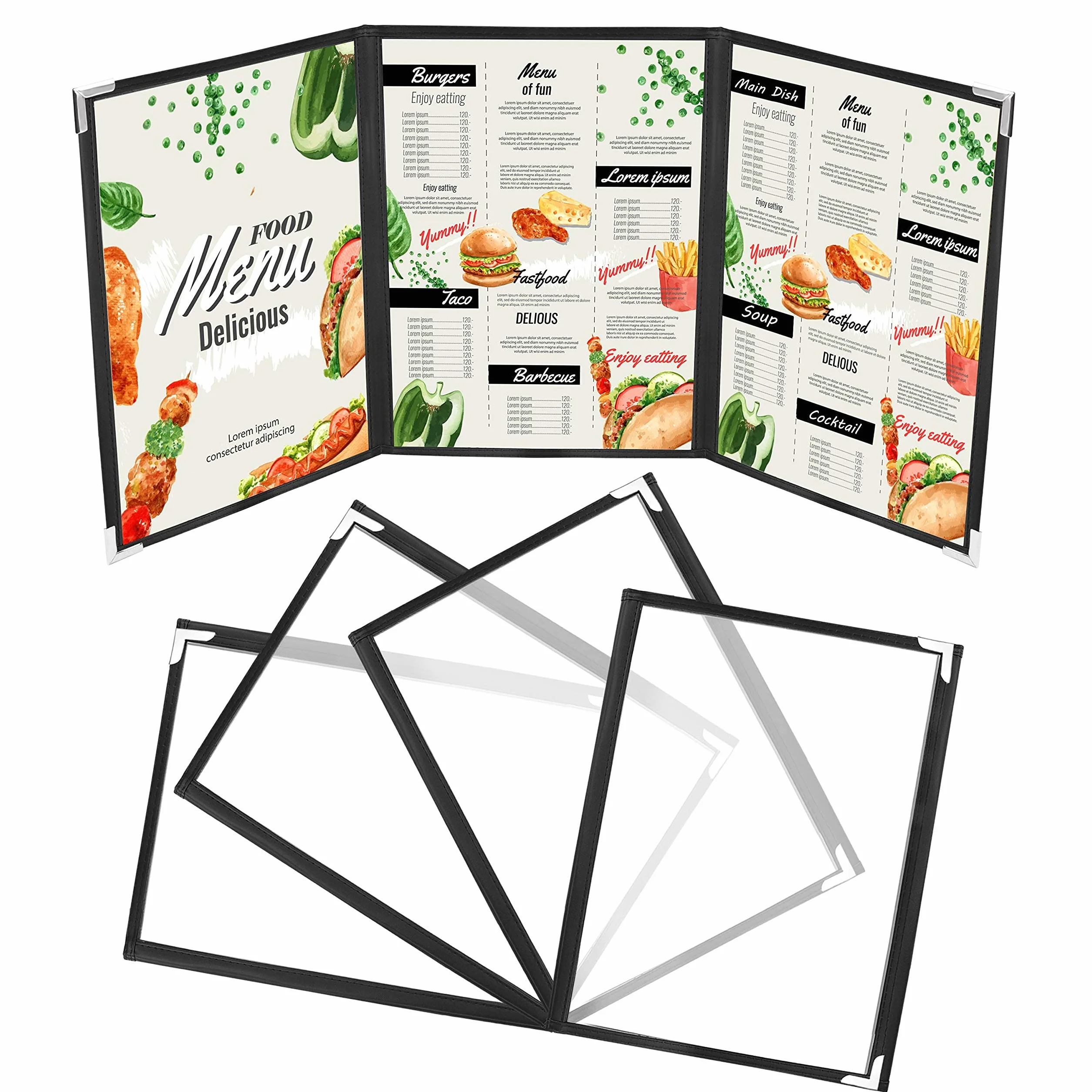 Kurtzy Potrójnie Składane Okładki na Menu A4 (5 Sztuk) - Dwustronne Okładki na Menu w Amerykańskim Stylu - Czarne Okładki na Menu z Ochroną Narożników - Do Restauracji, Barów i Kawiarni