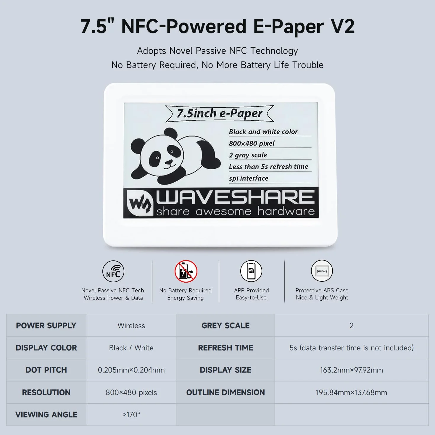 Waveshare 7.5inch Passive NFC-Powered E-Paper V2, Adopts Novel Passive NFC Technology, No batt Required, Wireless Powering & Data Transfer
