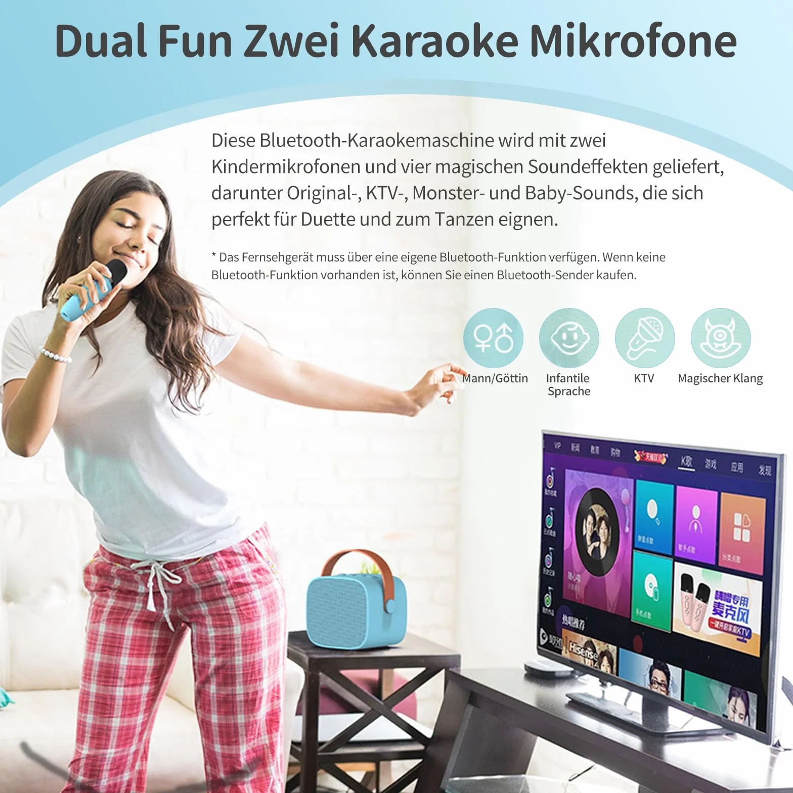 Maszyna do karaoke dla dzieci, przenośny mini głośnik Bluetooth do karaoke z 2 bezprzewodowymi mikrofonami, bezprzewodowy mikrofon, urządzenie do karaoke z funkcją zmiany głosu (niebieski)