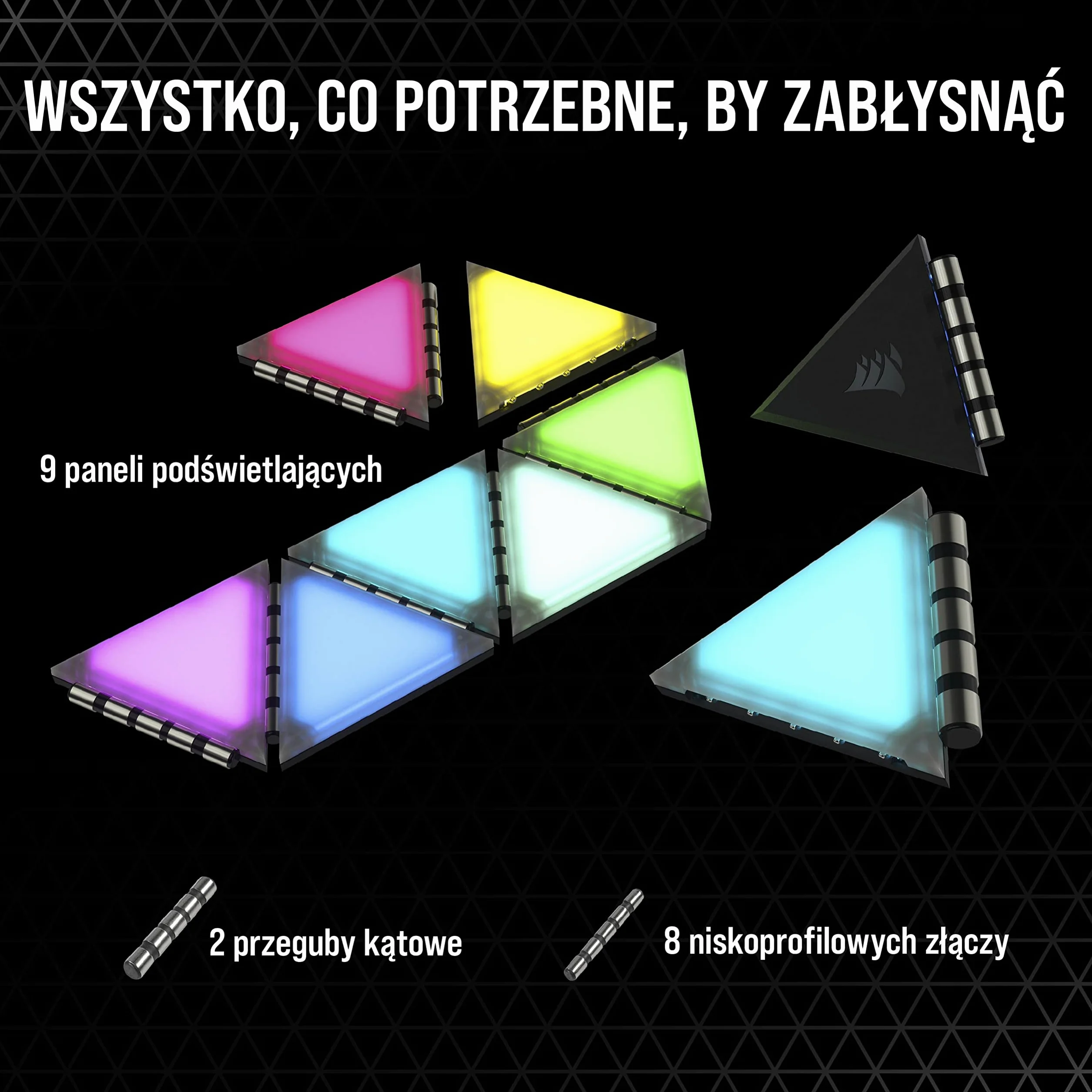 Corsair iCUE LC100 – Panele podświetlające na obudowę – minitrójkąt – minitrójkąt – zestaw rozszerzający z 9 płytkami1 (81 diod RGB LED z rozpraszającą światło, Proste mocowanie na magnes) Przejrzysty