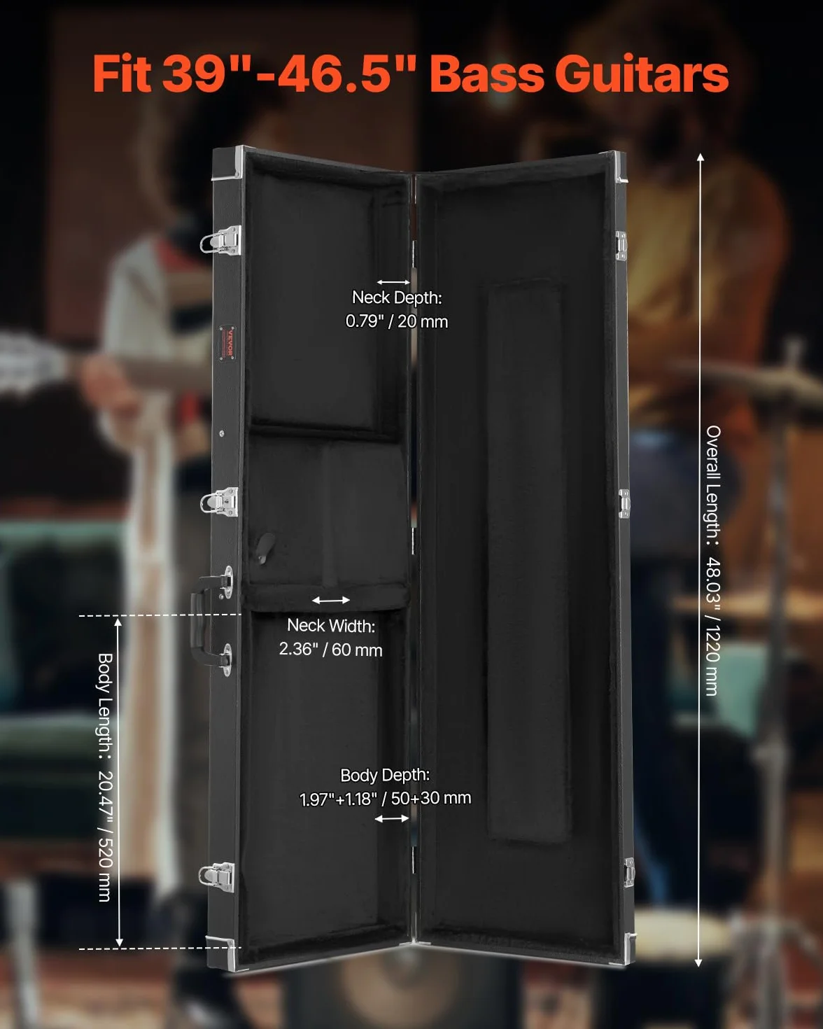 VEVOR Prostokątny twardy futerał na gitarę basową 1220 mm z blokadą kluczową, czarny