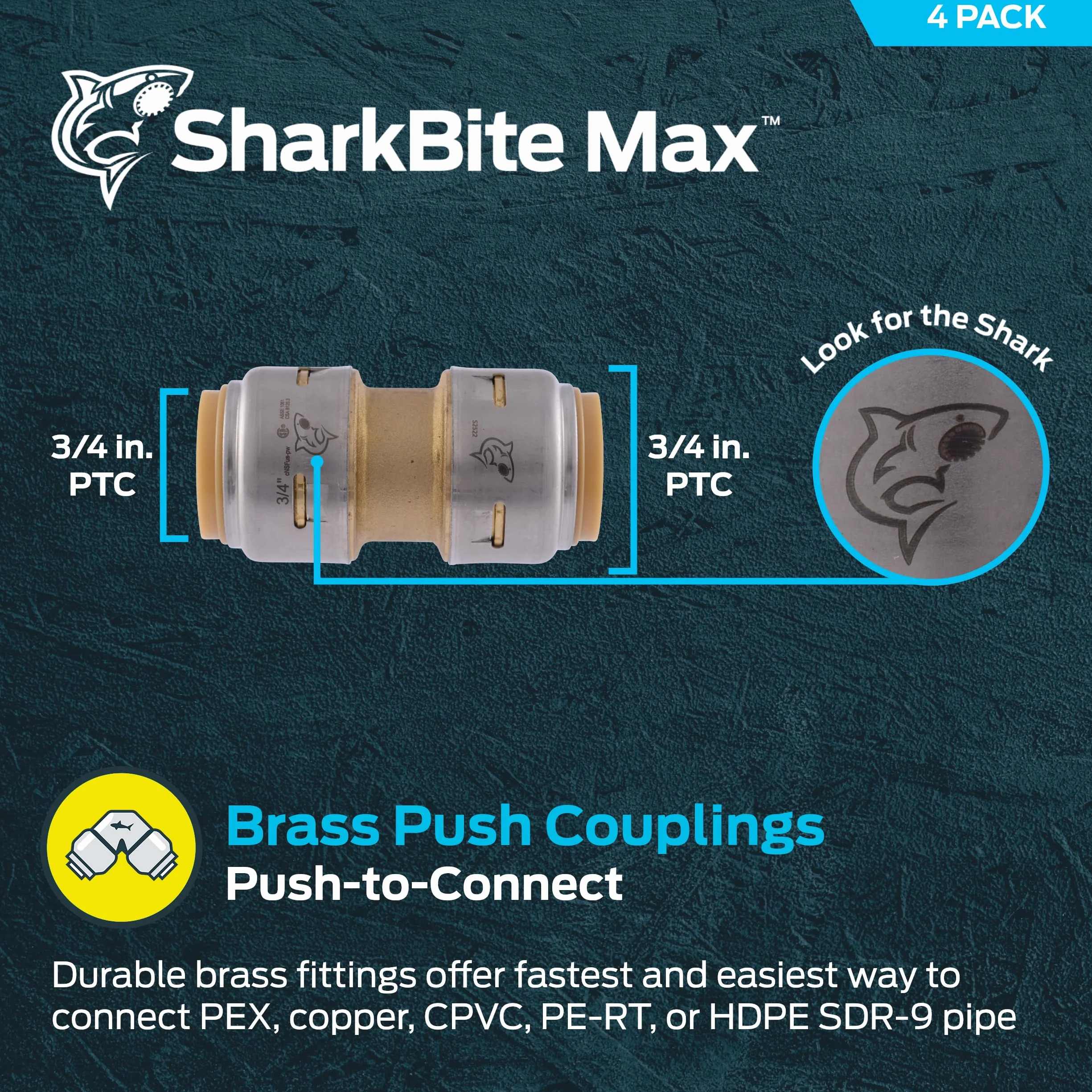 SharkBite Max łącznik do rur 3/4 cala, zestaw 4 sztuk, mosiężna armatura hydrauliczna, rura PEX, miedź, CPVC, PE-RT, HDPE, UR016A4