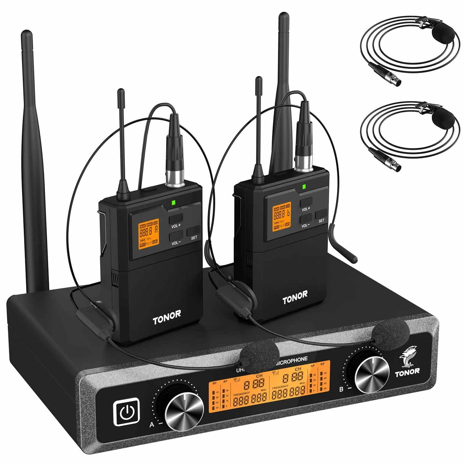 TONOR UHF Bezprzewodowy System Mikrofonów z Mikrofonem Słuchawkowym i Lavalier, Nadajnik Bodypack, Odbiornik, 2 Kanały, 60M Zasięg do Śpiewu na Żywo Karaoke