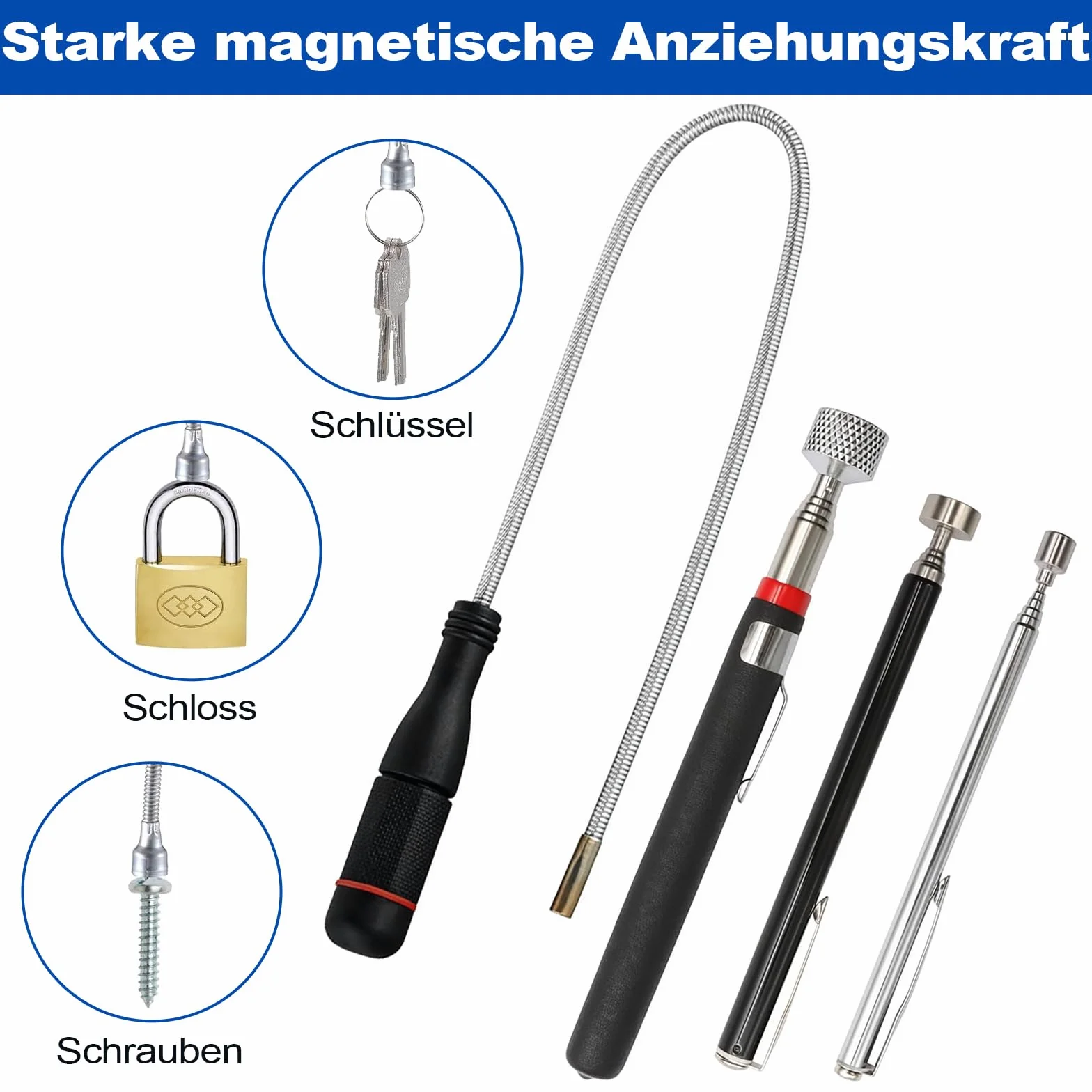 Magnesy prętowe, 4 sztuki, przenośny pręt teleskopowy, elastyczny, silny magnetyczny długopis, do zbierania małych części, metalowych przedmiotów, części samochodowych (1.5LB 5LB 15LB)