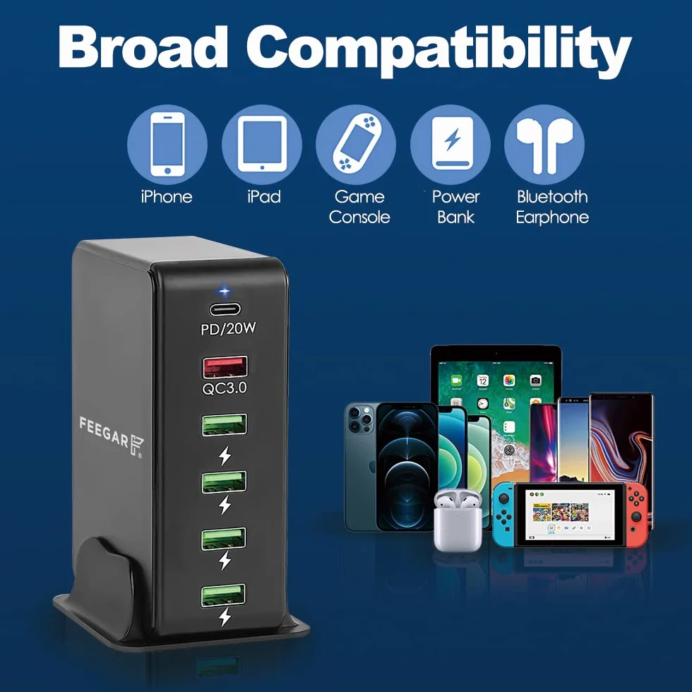 Stacja ładująca Feegar Tower 86W USB 6-portowa ładowarka sieciowa na biurko, przenośna wieloportowa ładowarka USB z 6 USB-A i USB-C PD Quick Charge QC 3.0