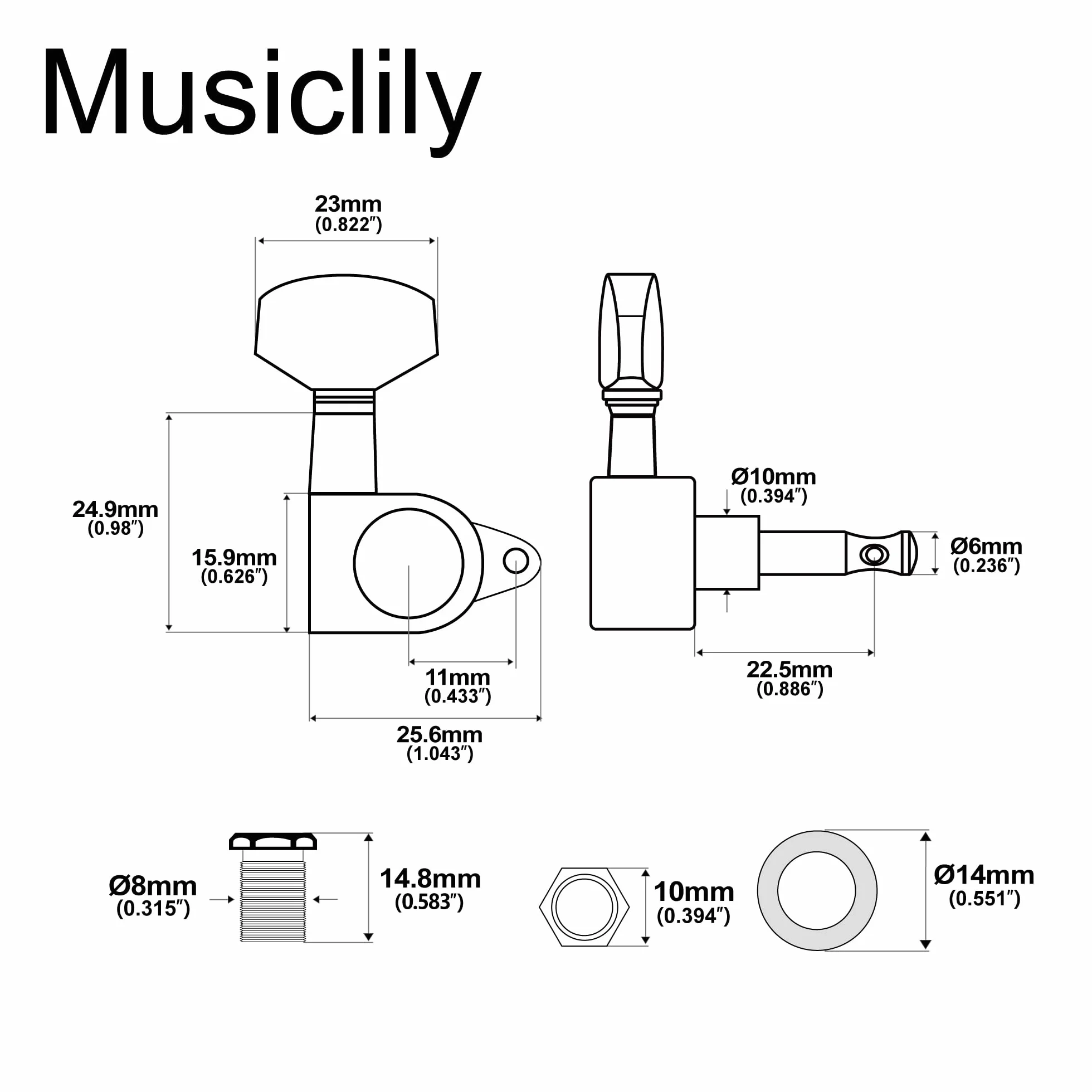 Musiclily Pro 3L+3R Klucze Gitaryowe Tunery Kołki do Strojenia do Gitary Elektrycznej Akustycznej typu Les Paul, Czarny Duży Guziki