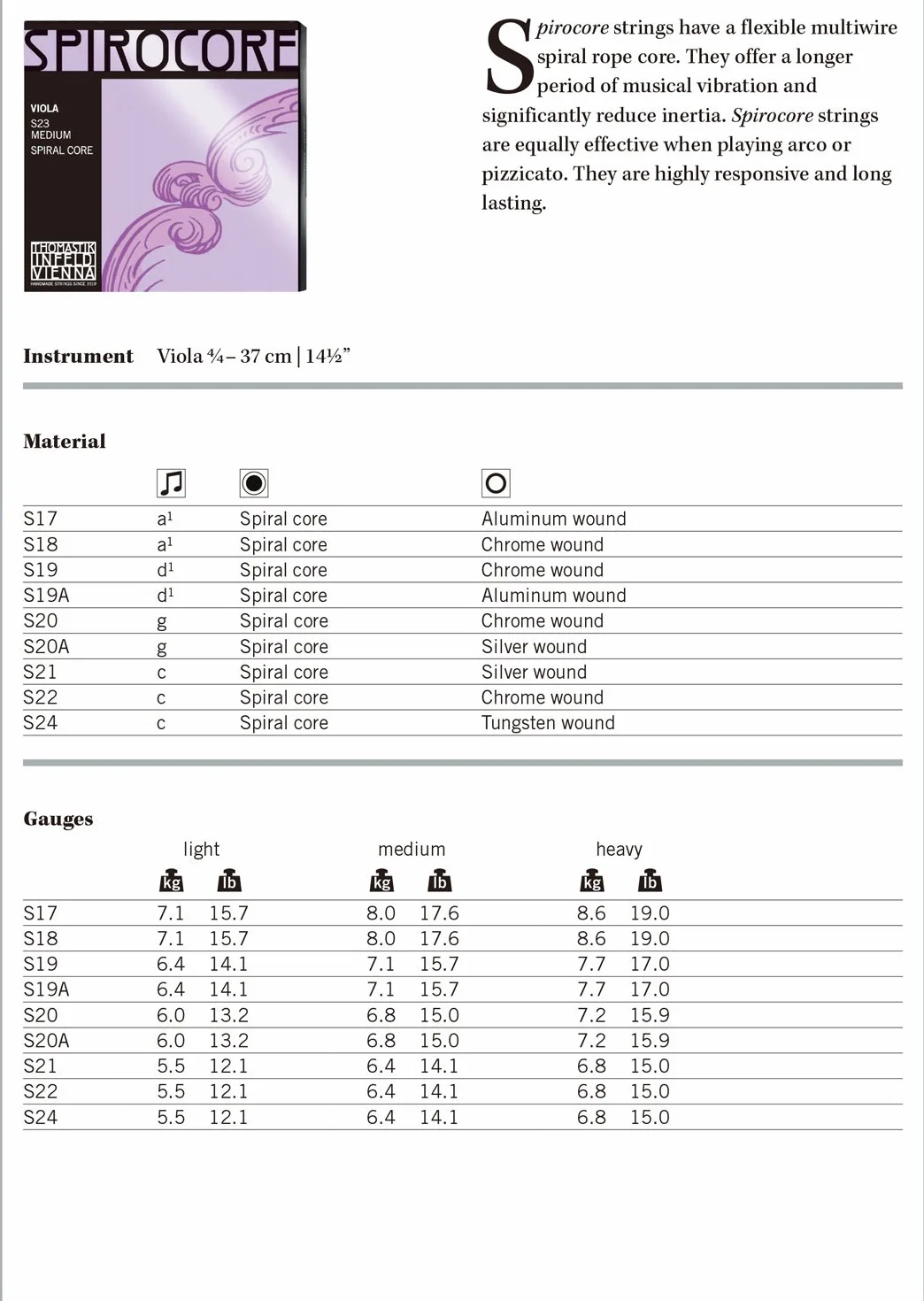 Thomastik Spirocore Viola Saiten Satz 4/4 mittel Chromstahl