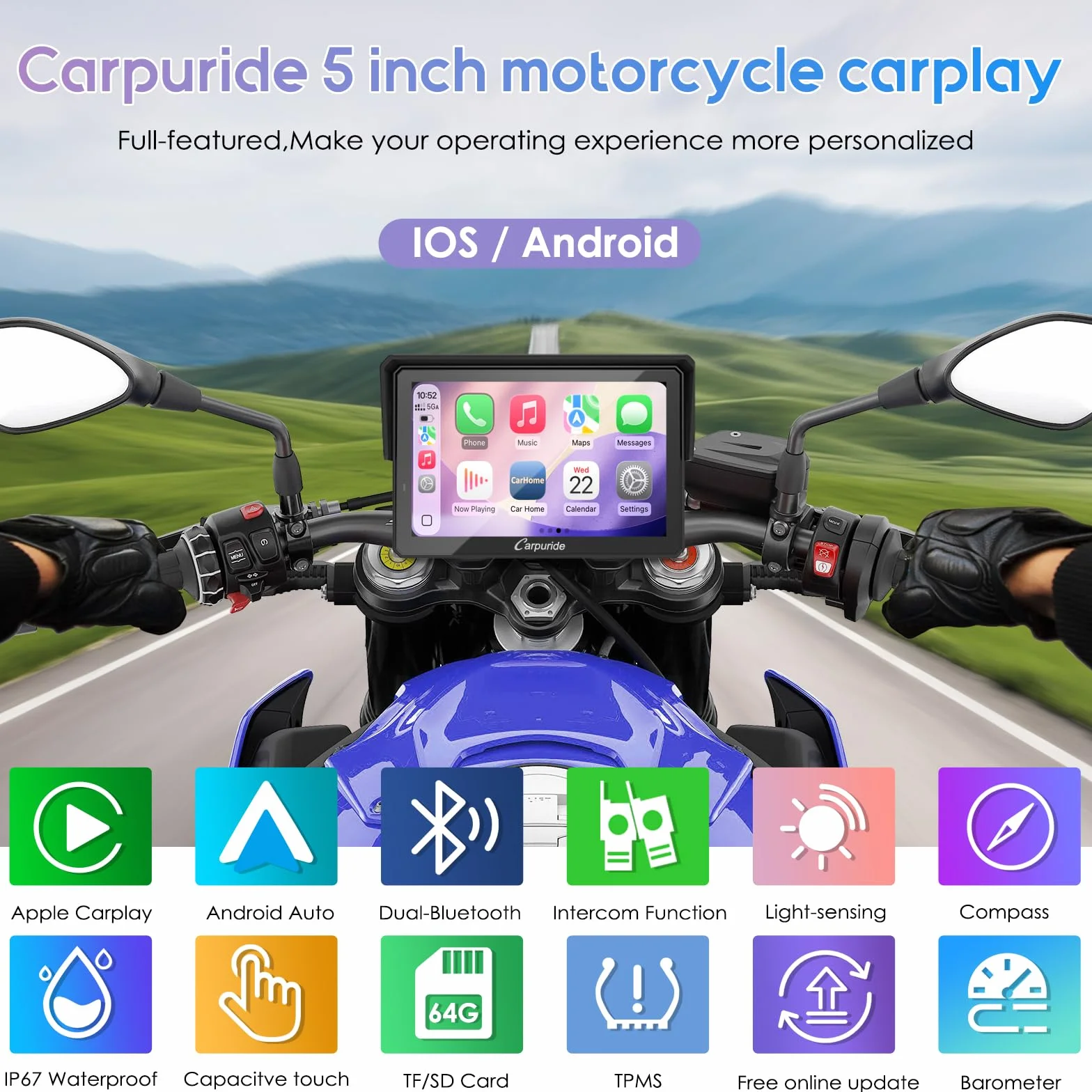 Carpuride W502TPRO do motocykli z CarPlay i Android Auto, TPMS i podwójnym Bluetooth – 5-calowy wodoodporny ekran nawigacji GPS do motocykli, interkom, korektor, czujnik światła, kompas, barometr