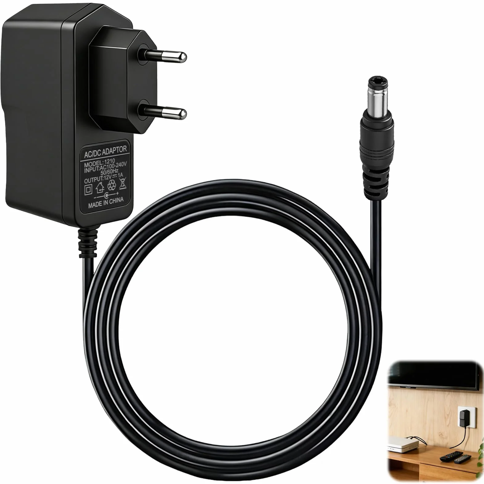 Uniwersalny zasilacz sieciowy 12 V, 12 W, zasilacz AC 100-240 V 50/60 Hz, 12 V uniwersalny zasilacz ze złączem 5,5 x 2,5 mm, ładowarka do taśm LED TV Box, router, 1 M