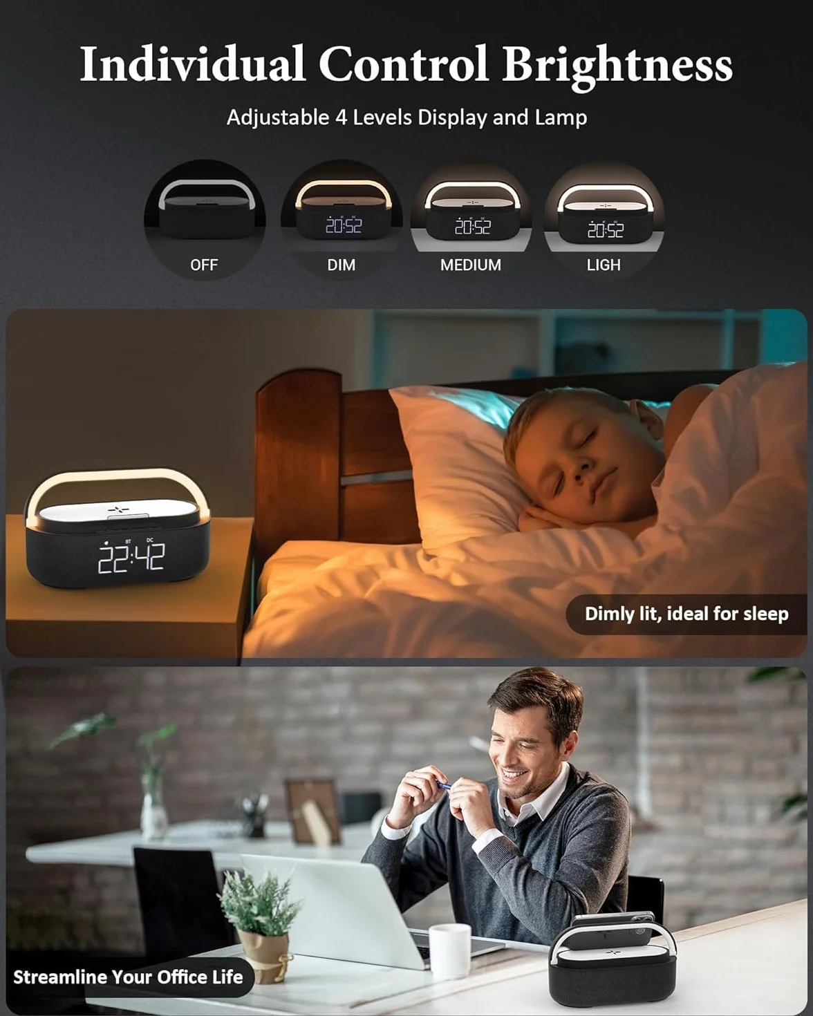 COLSUR Radiobudzik cyfrowy z bezprzewodową ładowarką, głośnik Bluetooth z ładowarką USB, inteligentny budzik, funkcja drzemki, indukcyjna stacja ładująca, lampka nocna, ściemniany wyświetlacz LED i