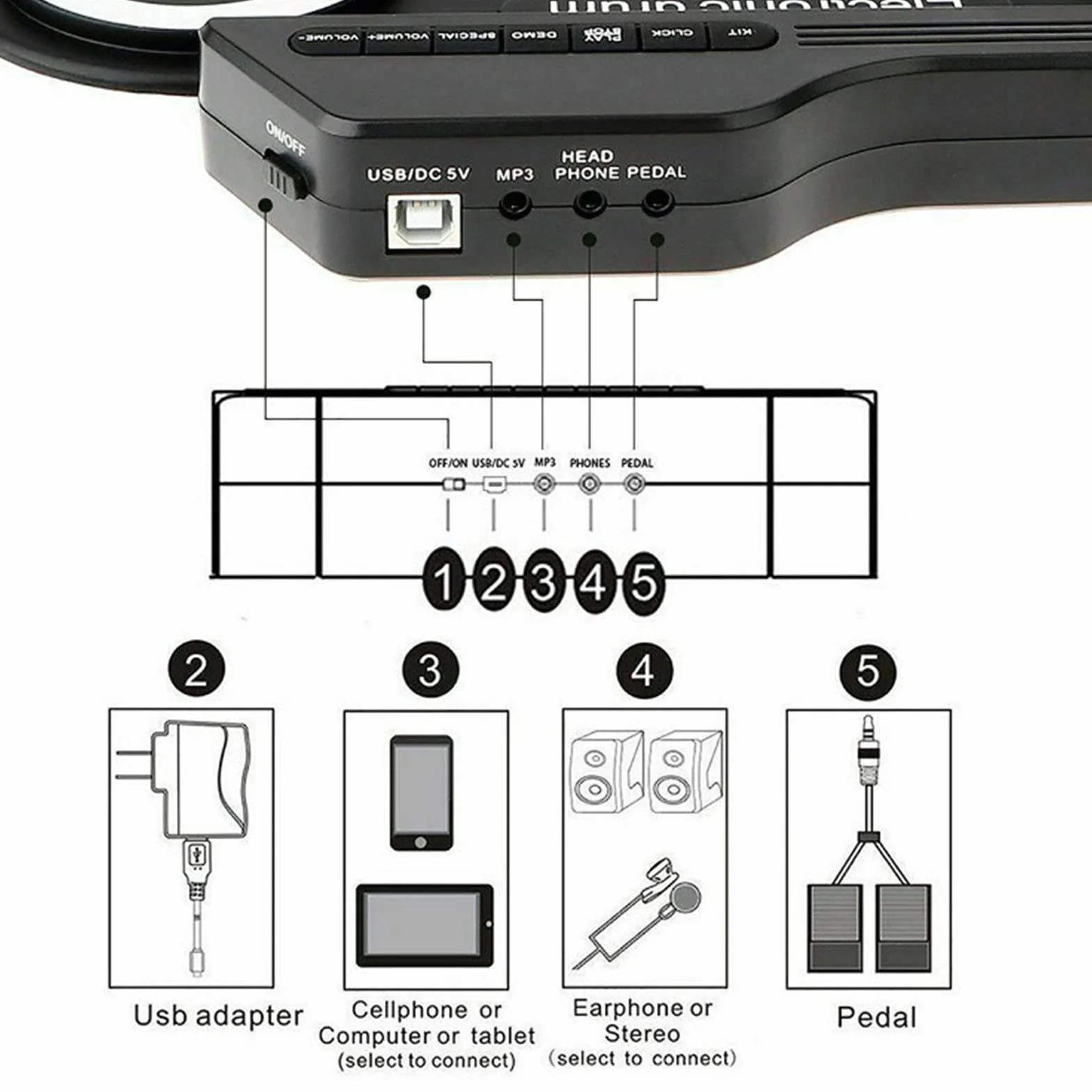 USB Roll Up Drum Pad do ćwiczeń 7 Podkładek Silikonowa Perkusja Elektroniczna 5 Strojów 8 Utworów Demonstracyjnych 3 Rytmy