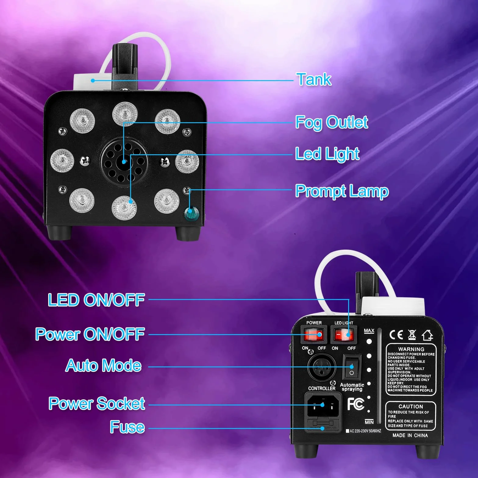 AgptEK maszyna do mgły z bezprzewodowym pilotem zdalnego sterowania i światłem LED, 500 W, stabilna i przenośna, pasuje na Halloween, Boże Narodzenie, wesela, występy sceniczne itp