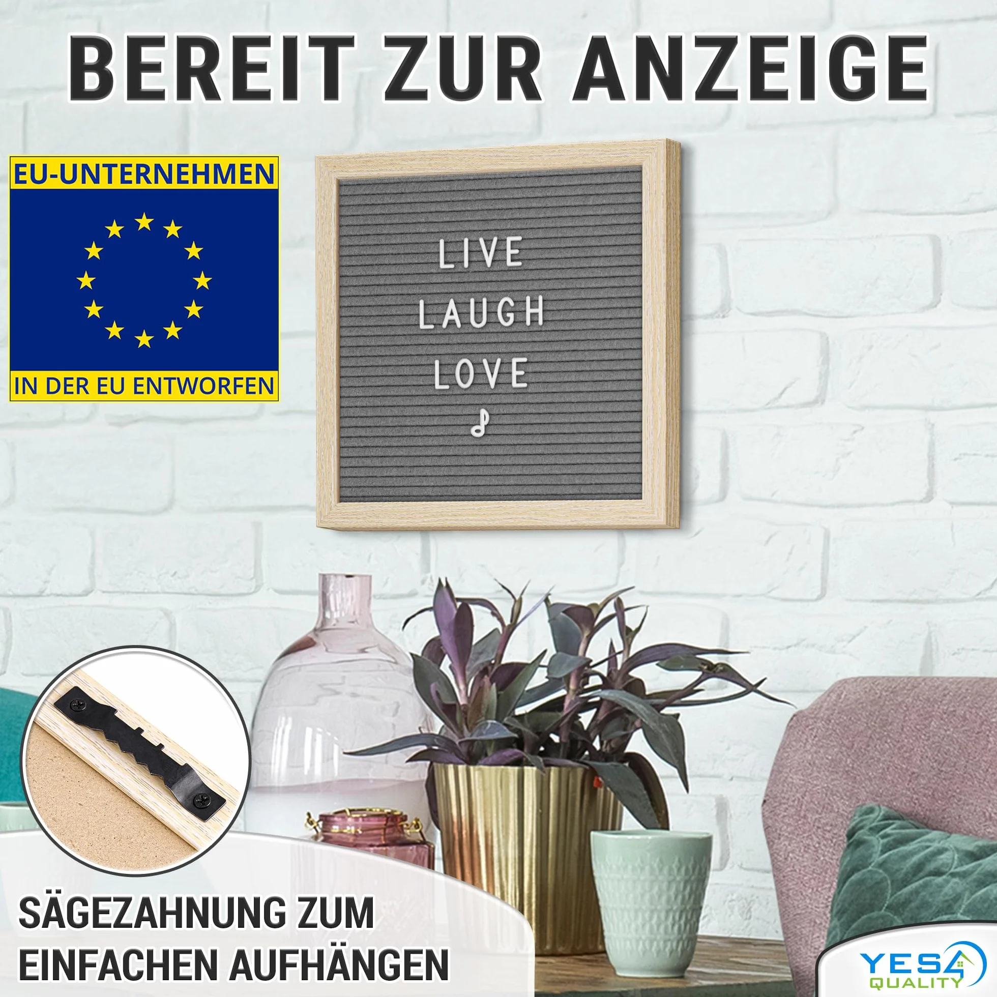 Filcowa tablica na listy - 25 x 25 cm, szara - 170 liter, cyfr i emotikonów na uroczystości i ogłoszenia - konfigurowalna tablica listowa z drewnianą ramą do domu - od Yes4Quality