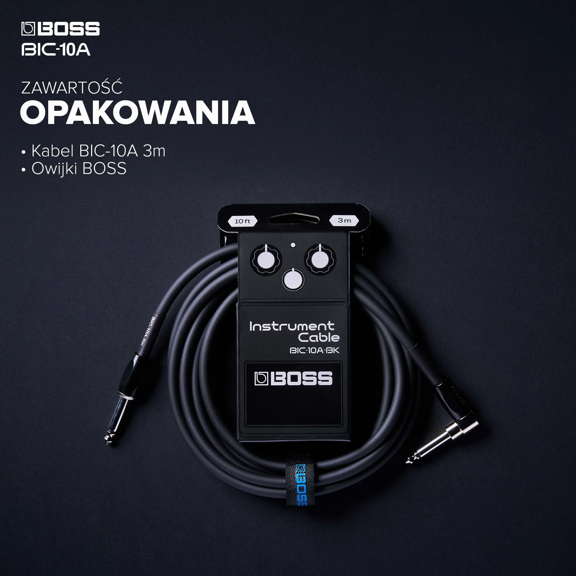 Seria BOSS BIC-10A | Kabel Instrumentalny | Złącza Proste i Kątowe ¼ Cala | Długość 3 m | Wysokiej Jakości Kable do Gitary, Basu i Innych Instrumentów | Cicha Praca i Trwałość | Czarny