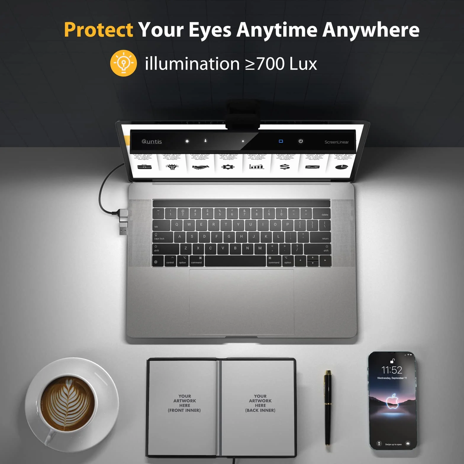 Quntis Lampa LED do monitora laptopa, USB z dotykowym sterowaniem, antyrefleksyjne światło, antypromieniujące, biurkowa lampka z automatycznym ściemnianiem do notebooka
