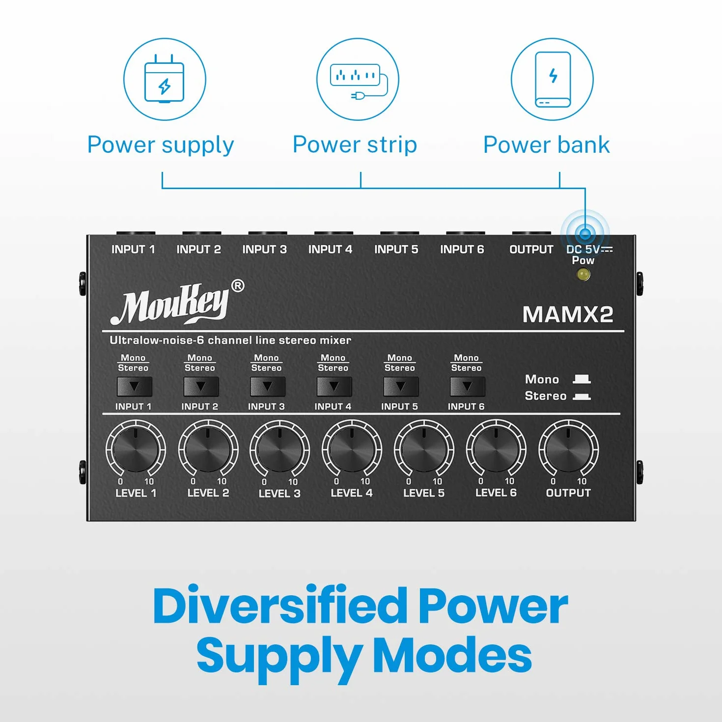 Moukey 6-kanałowy mikser liniowy o bardzo niskim poziomie hałasu do sub-miksowania, DC 5 V 6-stereo, mini mikser audio, idealny do małych klubów lub barów, gitar, basów, klawiatur lub miksera