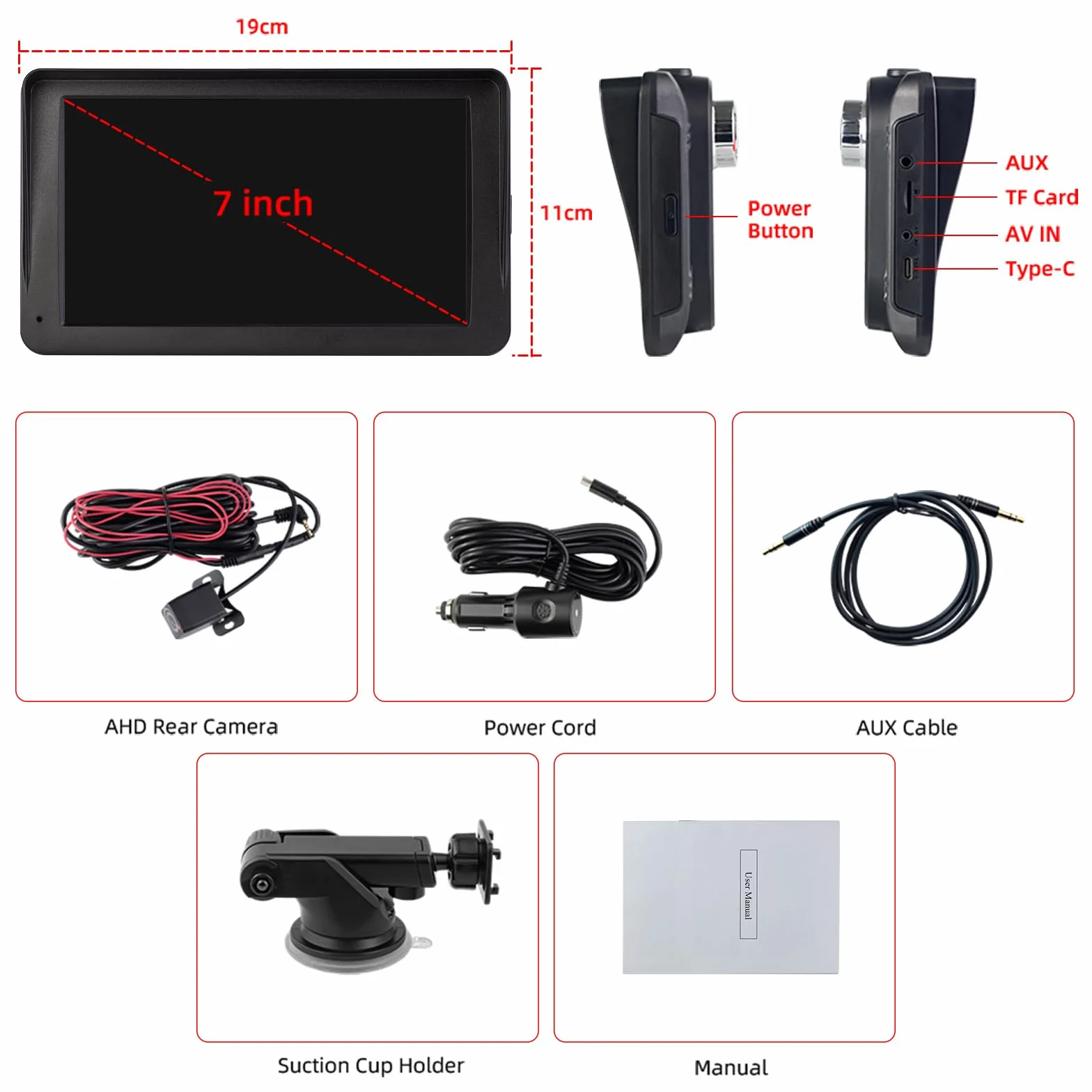 Bezprzewodowy CarPlay i Android Auto, 7-calowy Wyświetlacz Carplay z Kamerą Przednią 2K, Kamera Cofania 1080P, Bluetooth, Mirror Link, FM, AUX, Karta TF
