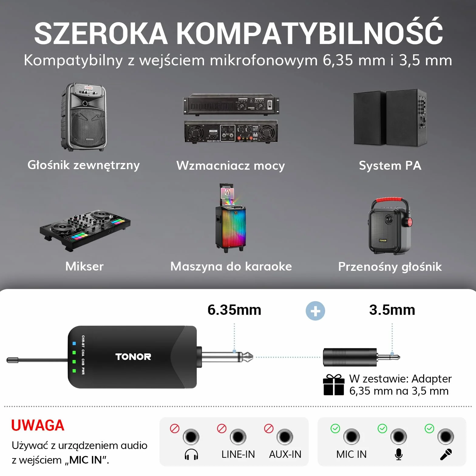 TONOR TW720 Bezprzewodowy Mikrofon Dynamiczny, Bluetooth, 2x25 UHF, 100 m