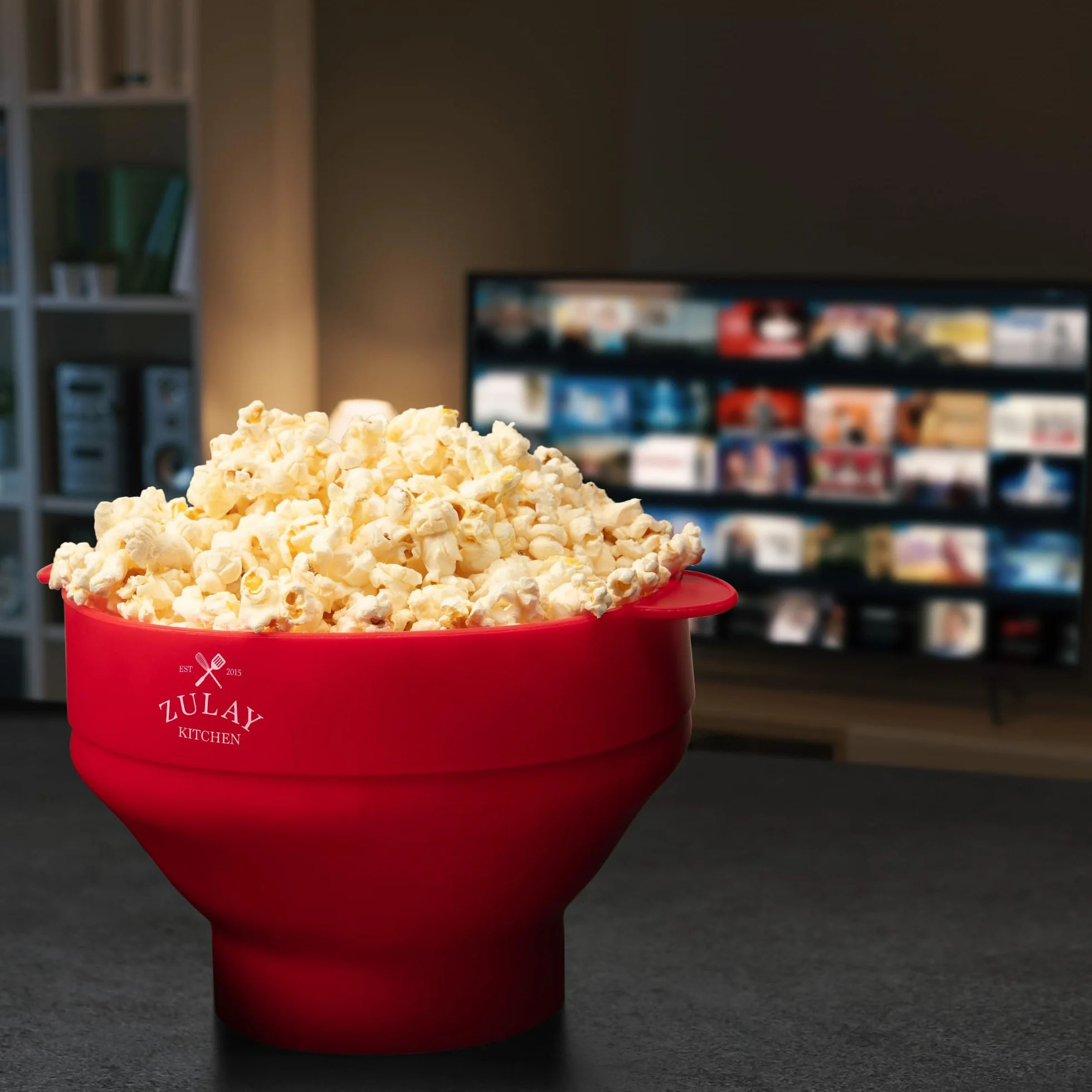 Zulay Kitchen Duża kuchenka mikrofalowa do popcornu, silikonowa miska do popcornu, składana miska do kuchenki mikrofalowej z pokrywką, rozmiar rodzinny, miska na popcorn, pojemność 15 kubków na