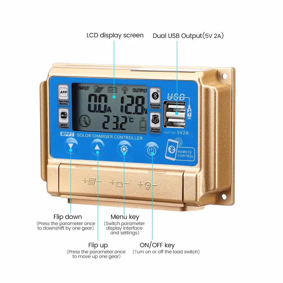 Solarny regulator ładowania MPPT 30 A, ładowarka solarna 12 V/24 V, autofokus, MPPT Tracking Charge z wyświetlaczem Bluetooth LCD, podwójny USB, regulator ładowania, kilka trybów sterowania