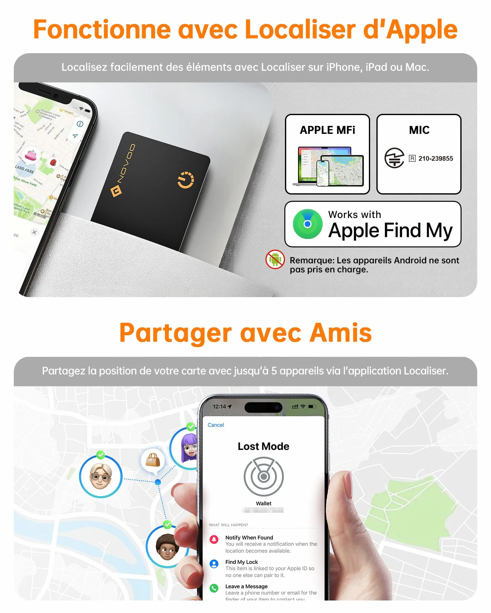 NOVOO Lokalizacja przedmiotów Air Tag 1,6 mm, smukły 6 lat, kompatybilny z aplikacją (tylko iOS), Bluetooth Tracker do portfela, etykiety bagażowej, paszport-BK