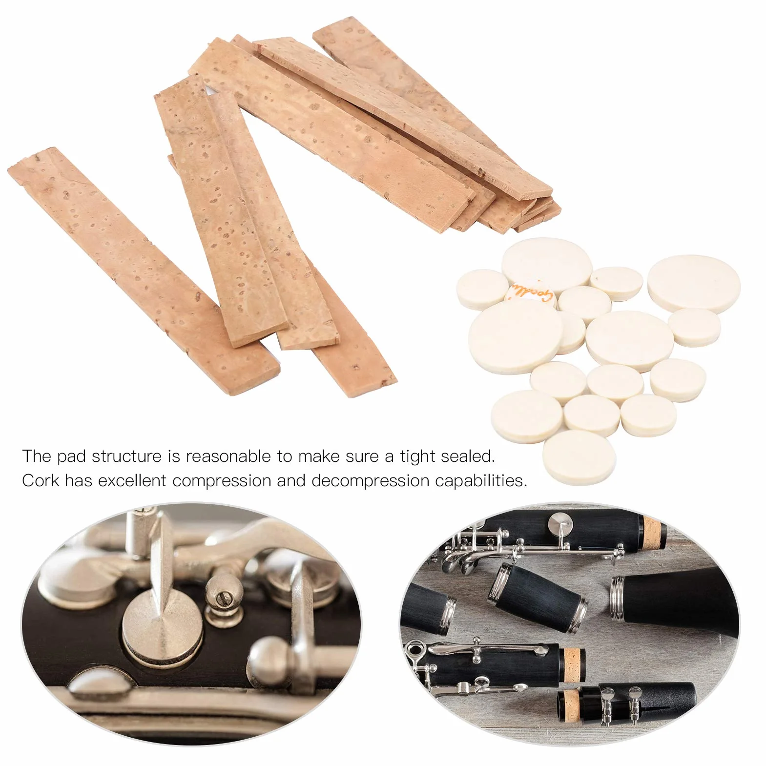 Bb Key Clarinet Pads Kit, Trwałe 17-częściowe podkładki dźwiękowe + 10-częściowe naturalne arkusze korka Zestawy zamienne do instrumentów klarnetowych