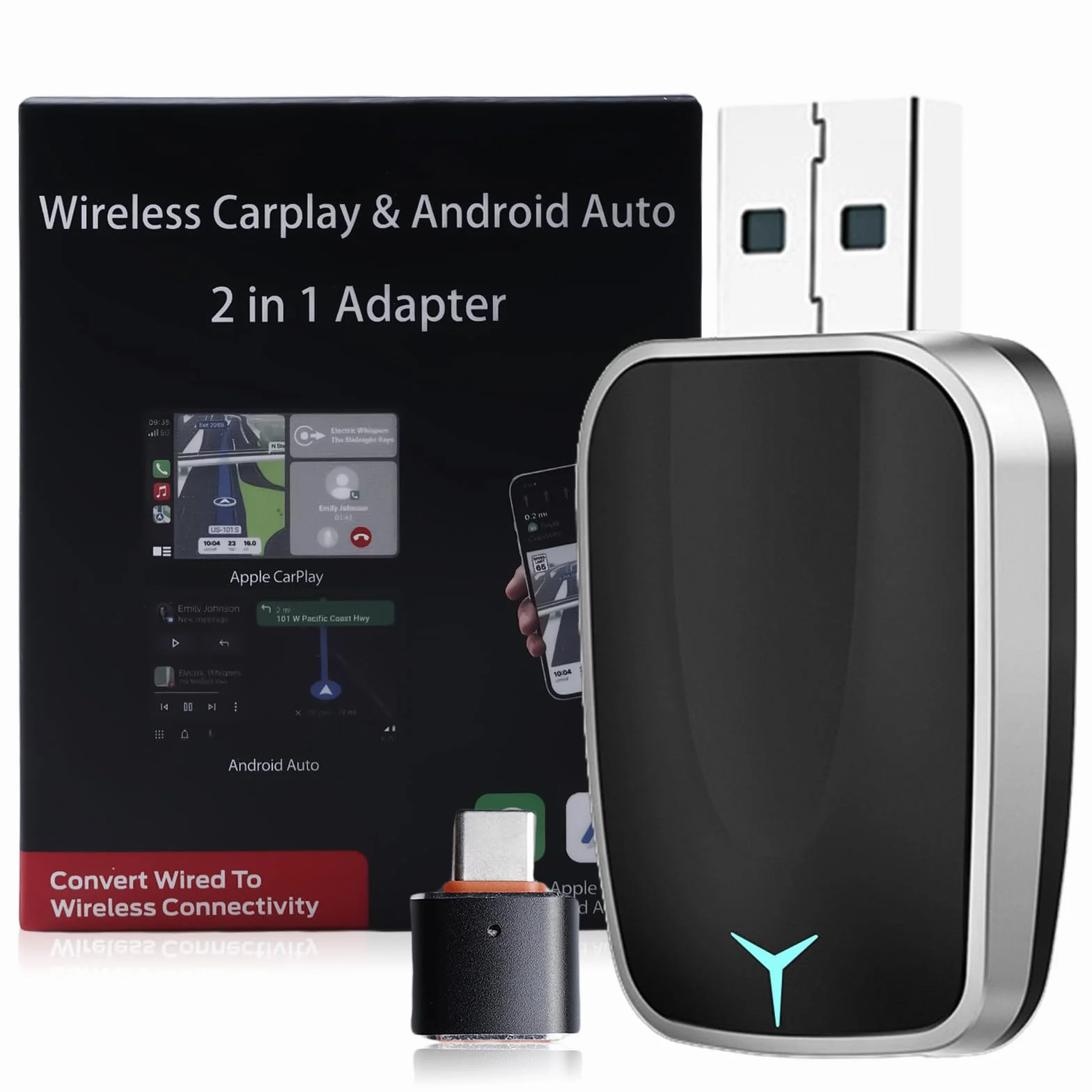 Adapter bezprzewodowy CarPlay 2 w 1 - USB-A/C Mini Android Auto dla iOS 12+ i samochodów z kablem CarPlay, Plug and Play