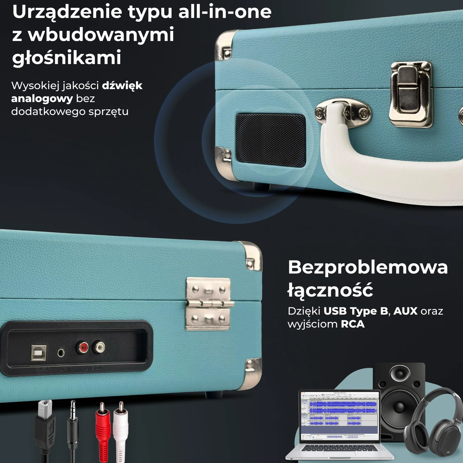 Denver VPL-120BU gramofon retro niebieski odtwarzacz winylowy USB automatyczne zatrzymanie