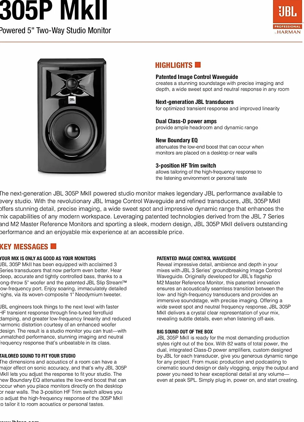 JBL 305P MKII Active Studio Monitor 5-calowy głośnik niskotonowy