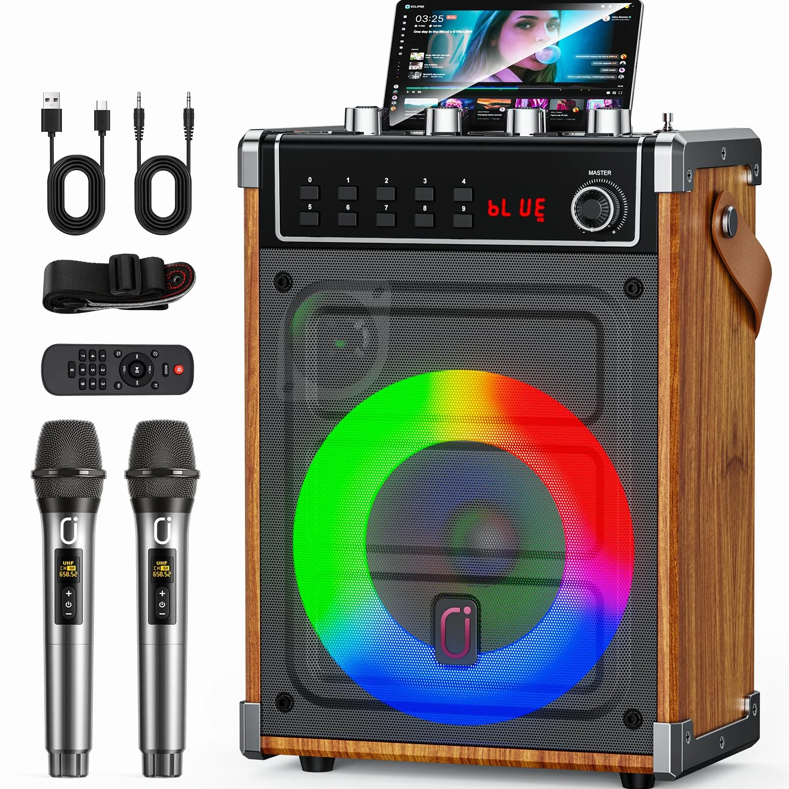 JYX Maszyna do karaoke z 2 mikrofonami bezprzewodowymi UHF, regulacją tonów, oświetleniem LED, TWS, AUX, FM, REC