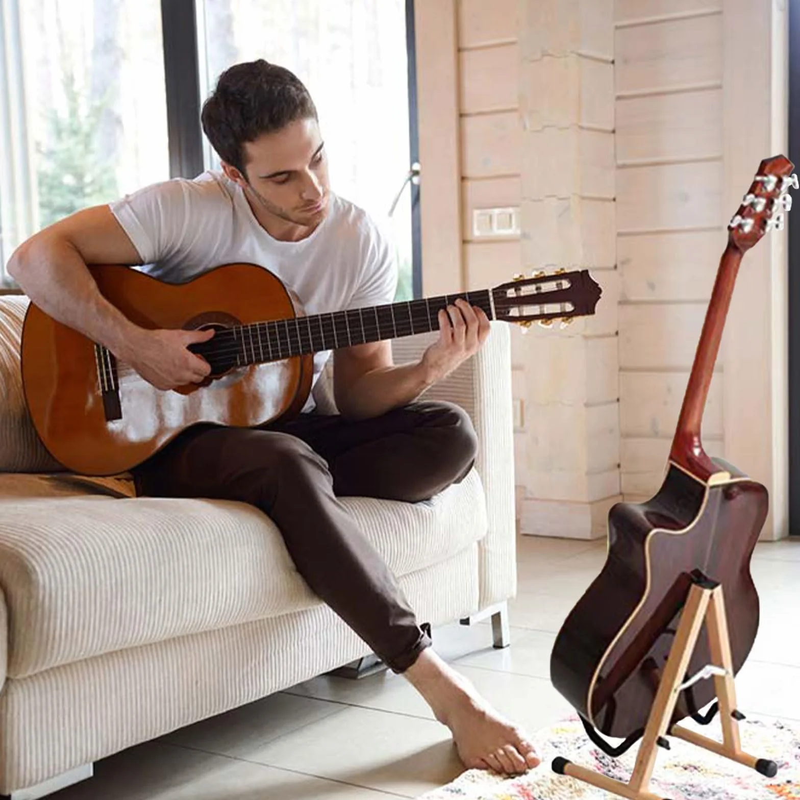 Drewniany stojak na gitarę, uchwyt na gitarę, antypoślizgowy stojak na gitarę, antypoślizgowy, drewniany składany stojak na gitarę, przenośny stojak na gitarę akustyczną, elektryczną, gitarę basową