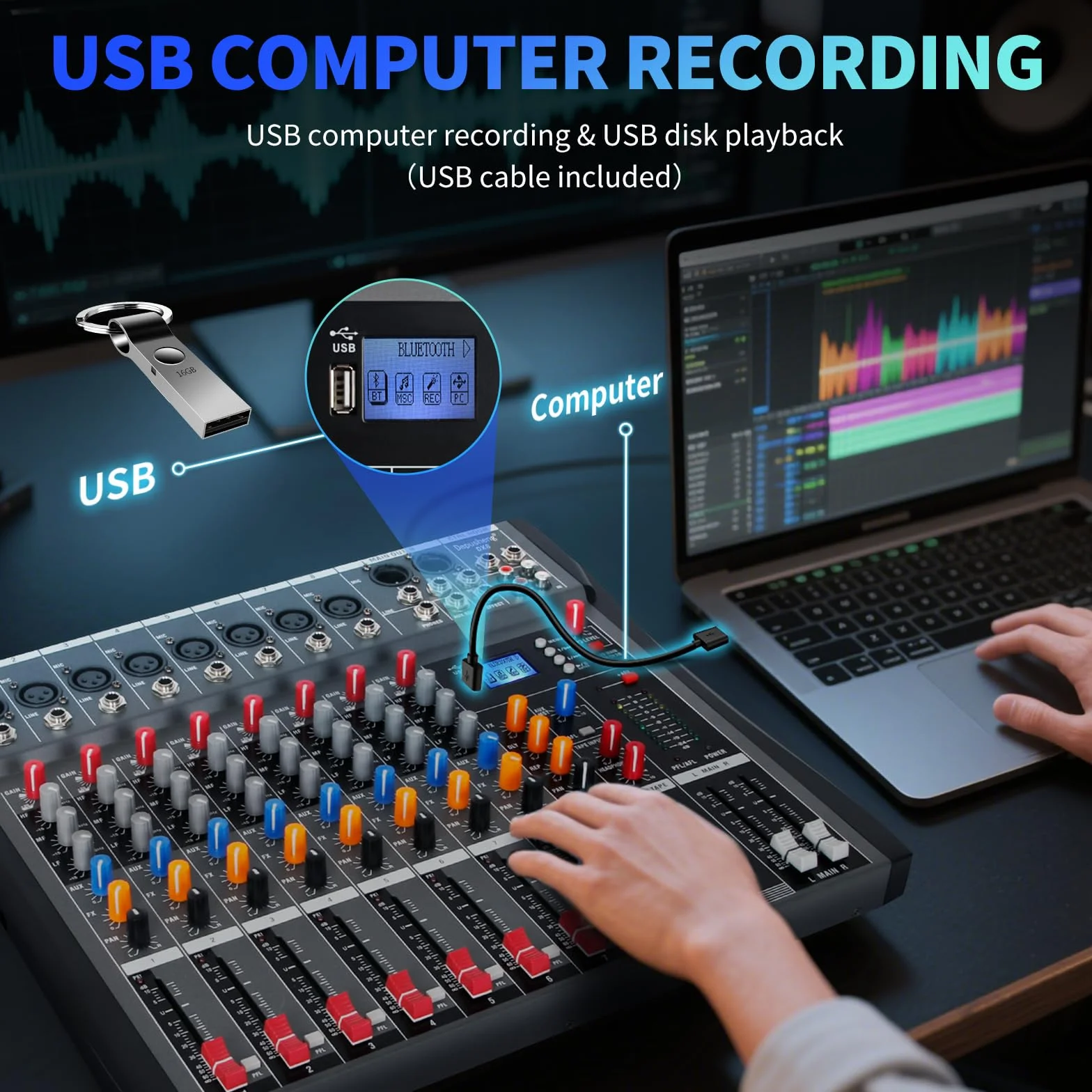 Depusheng DX8 Profesjonalny mikser Płyta dźwiękowa Konsola 8-kanałowy interfejs USB Wejście MP3 48V Zasilanie Phantom Stereo DJ Studio FX Stalowa obudowa, czarny mikser audio Bluetooth USB na PC