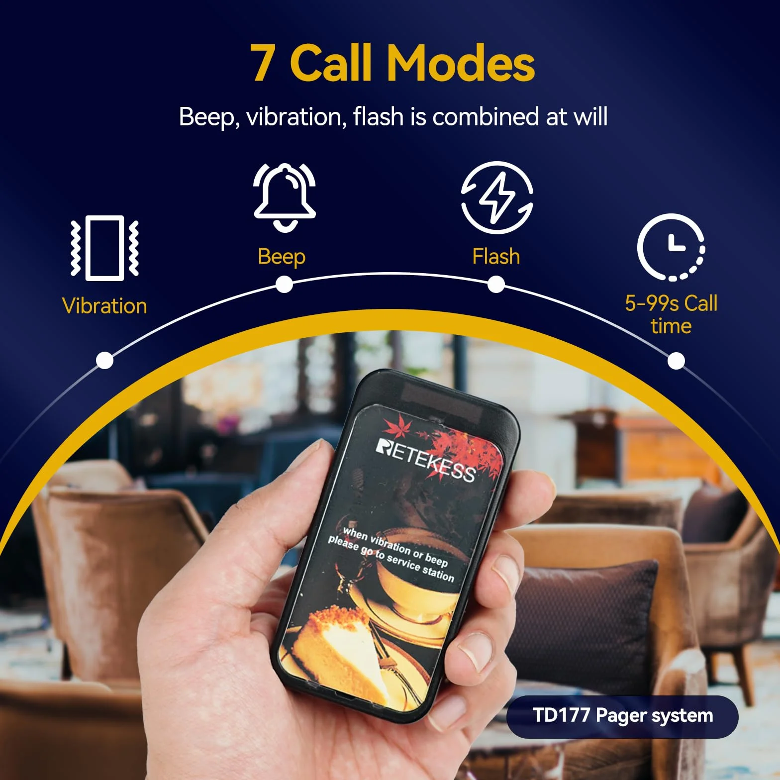 TD177 Retekess Bezprzewodowy system przywoławczy, 20 Buzzer Pagera, 7 Trybów Wywoływania, Parowanie Jednym Przyciskiem, Alarm Poza Zasięgiem, Odliczanie Czasu Obsługi, Pagery Do Restauracji